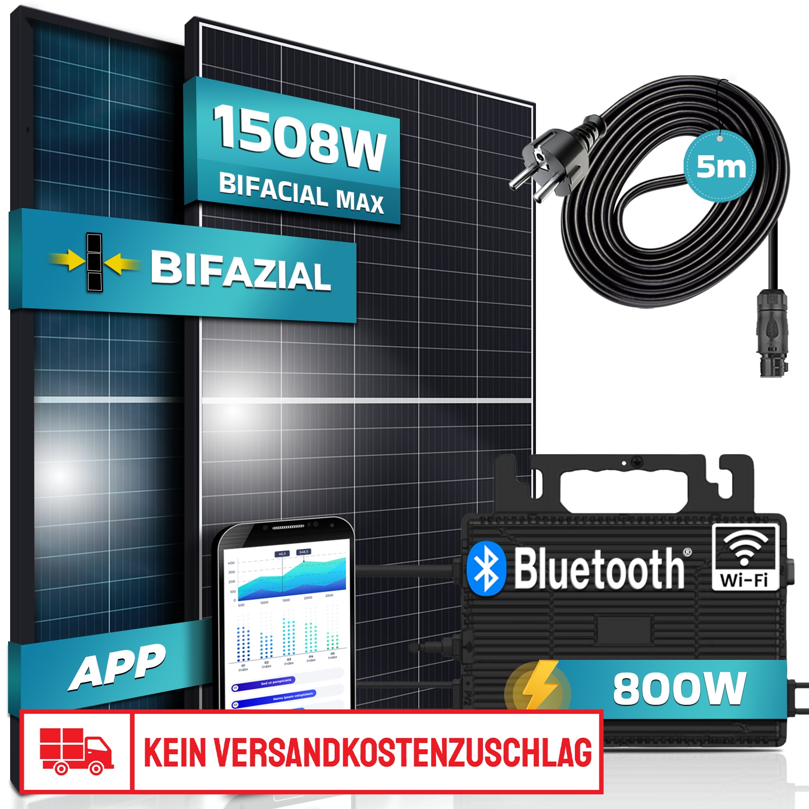 SUNNIVA&reg; Balkonkraftwerk BIFACIAL Black Frame 1508W/800W Solaranlage mit 800W Astro Energy Micro Wechselrichter Wifi Bluetooth, upgradebar drosselbar, 2x580W Solarmodule, 5m Kabel, Photovoltaikanlage - Bild 1