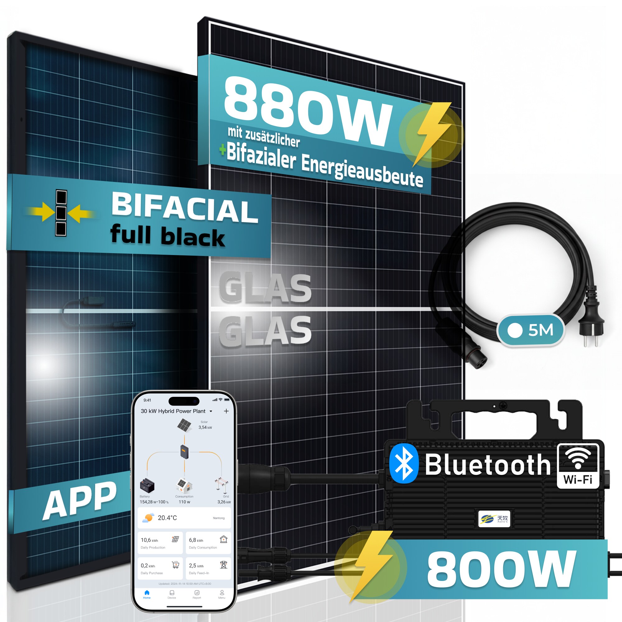 SUNNIVA&reg; 880W Balkonkraftwerk 800W komplett Steckdose, Astro Energy 800W Wechselrichter, PV Solaranlage Komplettset, 2x 440W BIFAZIAL, BLACK Frame, Single Glas Solarmodule, inkl. 5m Kabel - Bluetooth - Bild 1