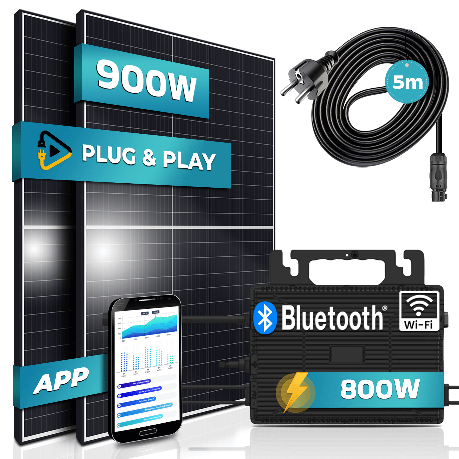 SUNNIVA&reg; 900W Balkonkraftwerk 800W komplett Steckdose - Astro Energy 800W Wechselrichter - PV Solaranlage Komplettset - 2x 450W Solarmodule - inkl. 5m Kabel - Bluetooth WIFI - Bild 1