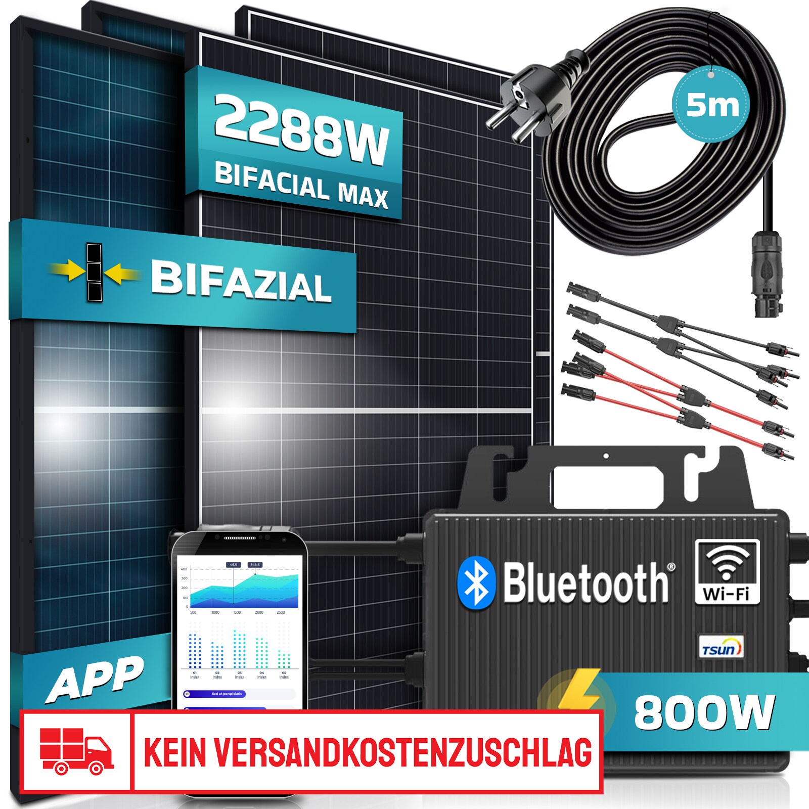 SUNNIVA® Balkonkraftwerk Black Frame BIFACIAL 2288/800W Solaranlage mit 800W TSUN Micro Wechselrichter Wifi Bluetooth, upgradebar drosselbar,4x440W Bifaziale Solarmodule, 5m Kabel,Photovoltaikanlage | 04255656235795