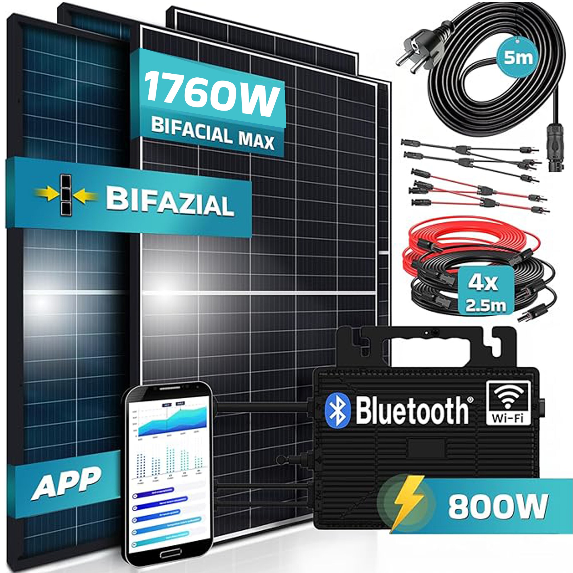 SUNNIVA&reg; 1760W Balkonkraftwerk 800W komplett Steckdose, Astro Energy 800W Wechselrichter, PV Solaranlage Komplettset, 4x 440W BIFAZIAL, BLACK Frame, Single Glas Solarmodule, inkl. 5m Kabel - Bluetooth - Bild 1