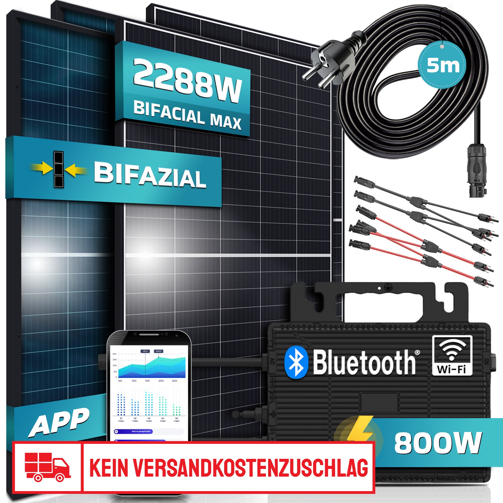 SUNNIVA® Balkonkraftwerk Black Frame BIFACIAL 2288/800W Solaranlage mit 800W Astro Energy Micro Wechselrichter Wifi Bluetooth, upgradebar drosselbar, 4x440W Bifaziale Solarmodule, 5m Kabel,PV Anlage | 04255656235771