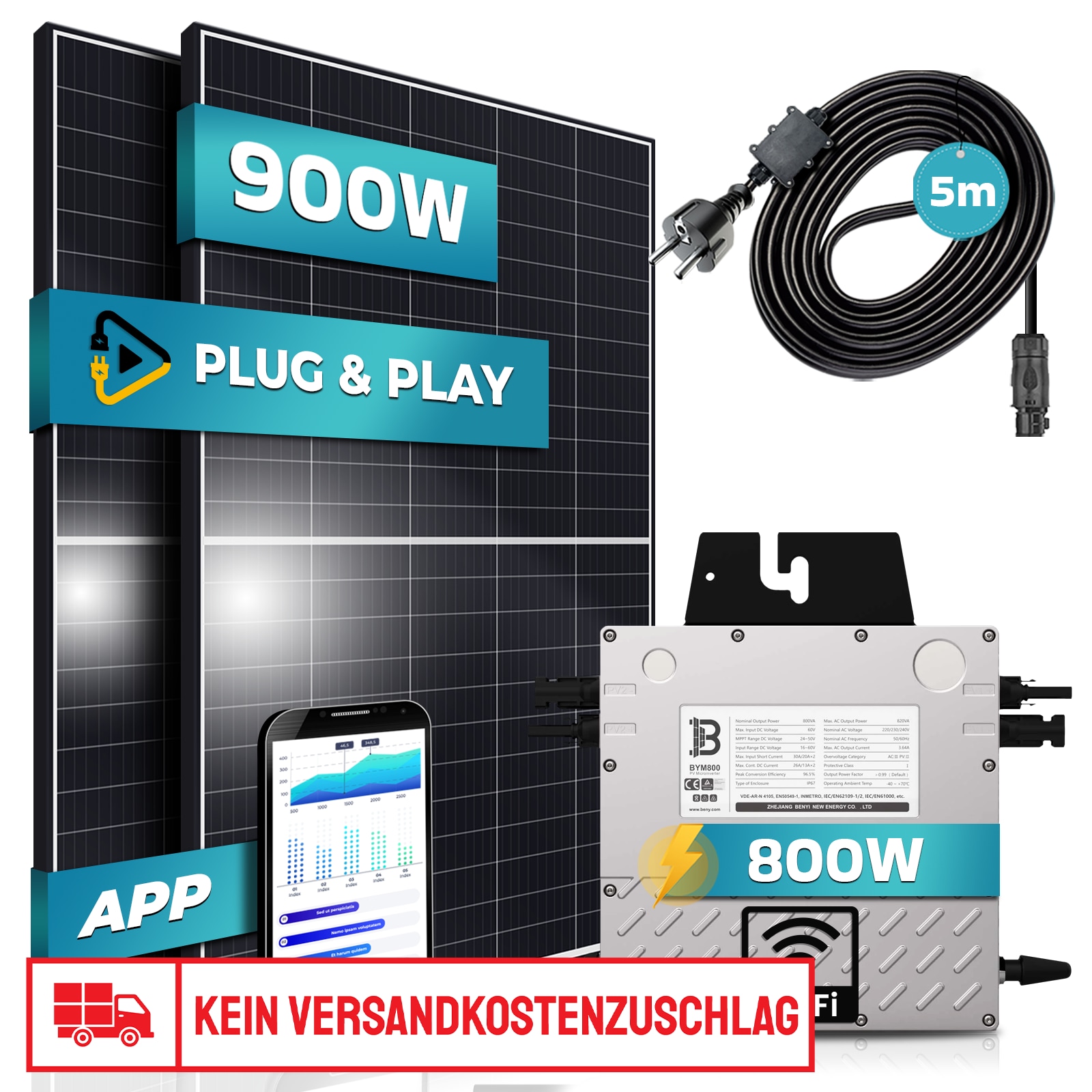 SUNNIVA&reg;  900W Balkonkraftwerk 800W komplett Steckdose - Beny 800W Wechselrichter - PV Solaranlage Komplettset - 2x 450W (900W) Solarmodule - inkl. 5m Kabel - WIFI - Bild 1
