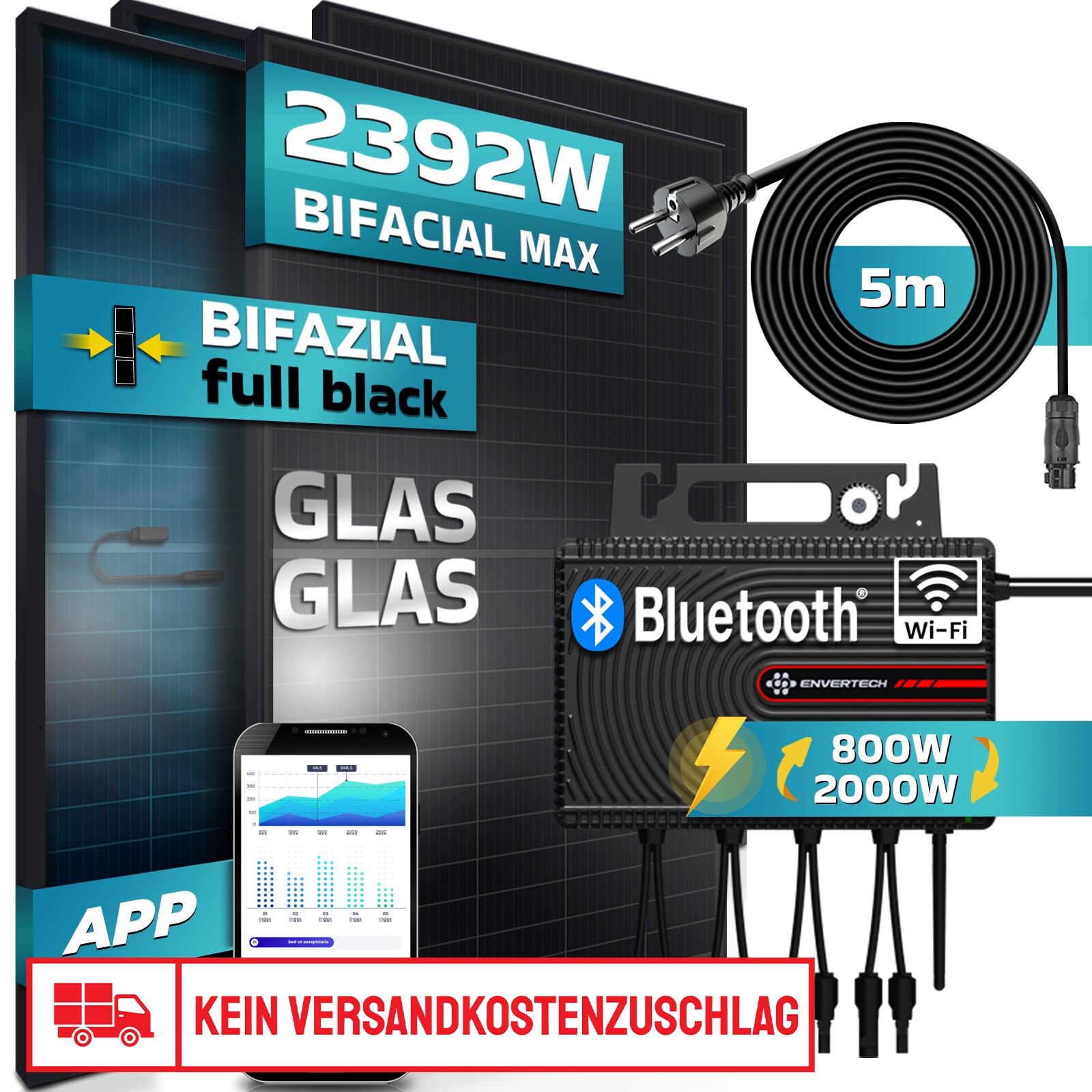 SUNNIVA&reg; Balkonkraftwerk FULL ALL BLACK BIFACIAL 2392W/2000W Solaranlage mit 2000W ENVERTECH Micro Wechselrichter Wifi Bluetooth, upgradebar drosselbar, 4x460W Bifaziale Solarmodule, 5m Kabel, PV - Bild 1