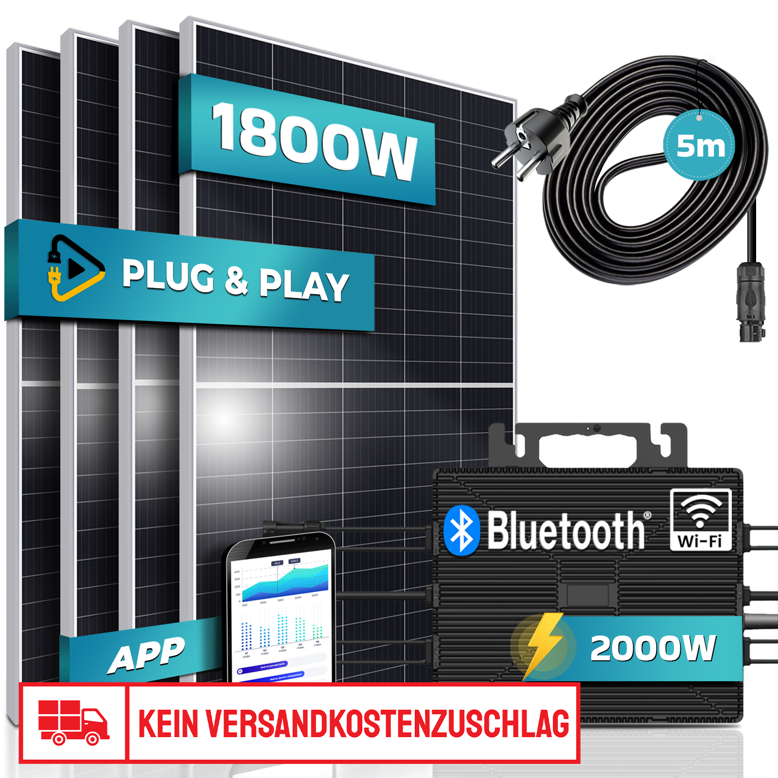 SUNNIVA&reg; 1800W Balkonkraftwerk 2000W komplett Steckdose - Astro Energy 2000W Wechselrichter - PV Solaranlage Komplettset - 4x 450W (1800W) Solarmodule - inkl. 5m Kabel - Bluetooth, WIFI - Bild 1