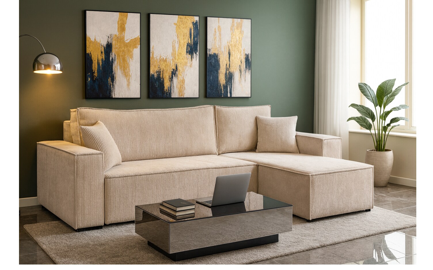 M-Punkt Wohnlandschaft Ecksofa COMO Cord mit Bett Sofa Schlafsofa Ottomane rechts links universell - Creme