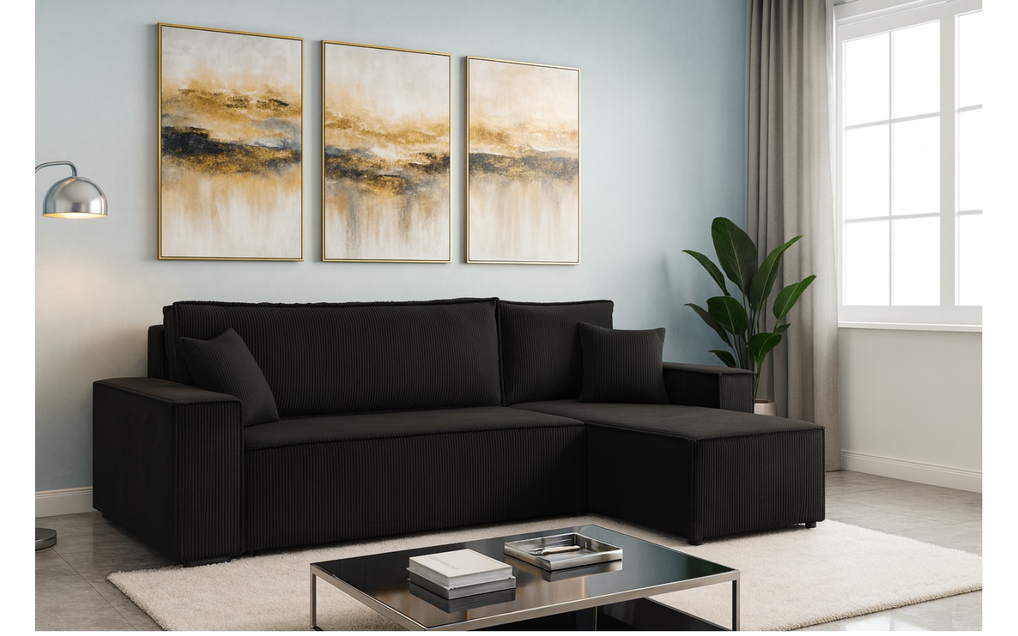 M-Punkt Wohnlandschaft Ecksofa COMO Cord mit Bett Sofa Schlafsofa Ottomane rechts links universell - Schwarz