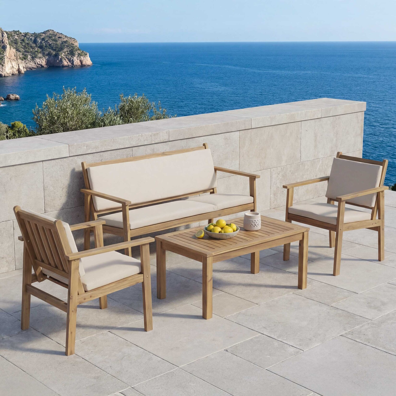 Garten-Garnitur MCW-O19, Lounge-Set Sitzgruppe Bank Sessel Tisch, Holz Akazie MVG Stoff/Textil (180g/m²) ~ Kissen beige