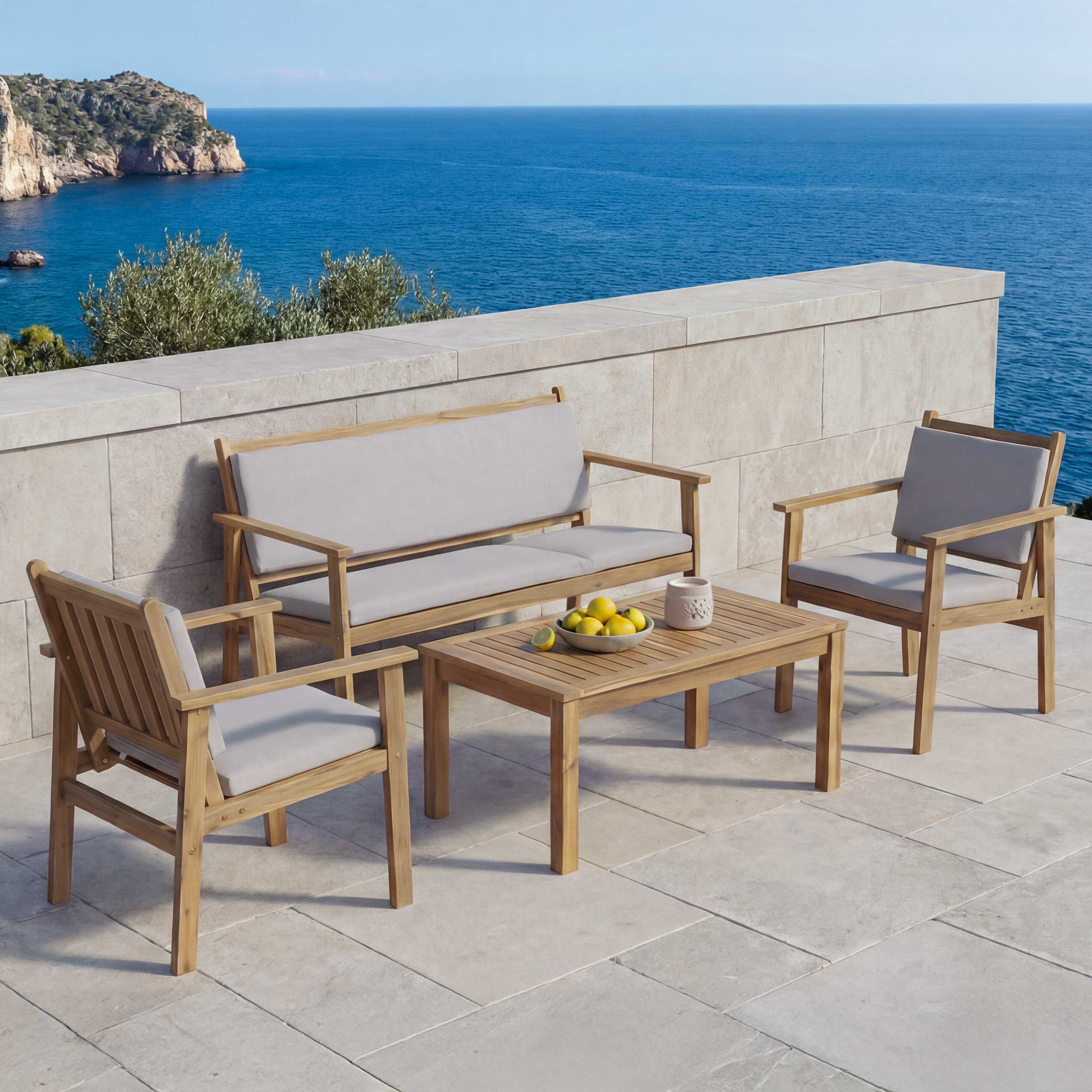 Garten-Garnitur MCW-O19, Lounge-Set Sitzgruppe Bank Sessel Tisch, Holz Akazie MVG Stoff/Textil (180g/m&sup2;) ~ Kissen grau - Bild 1