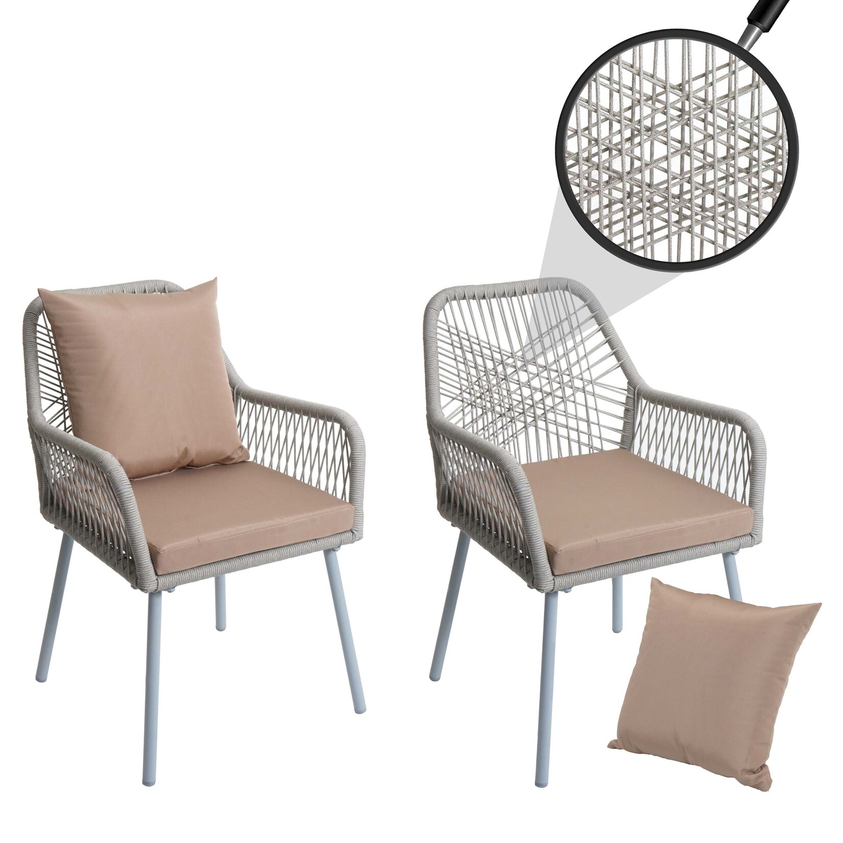 2er-Set Gartenstuhl MCW-O12, Outdoor Sitz-/Rückenpolster Aluminium Seilgeflecht Rope ~ grau, Bezug taupe