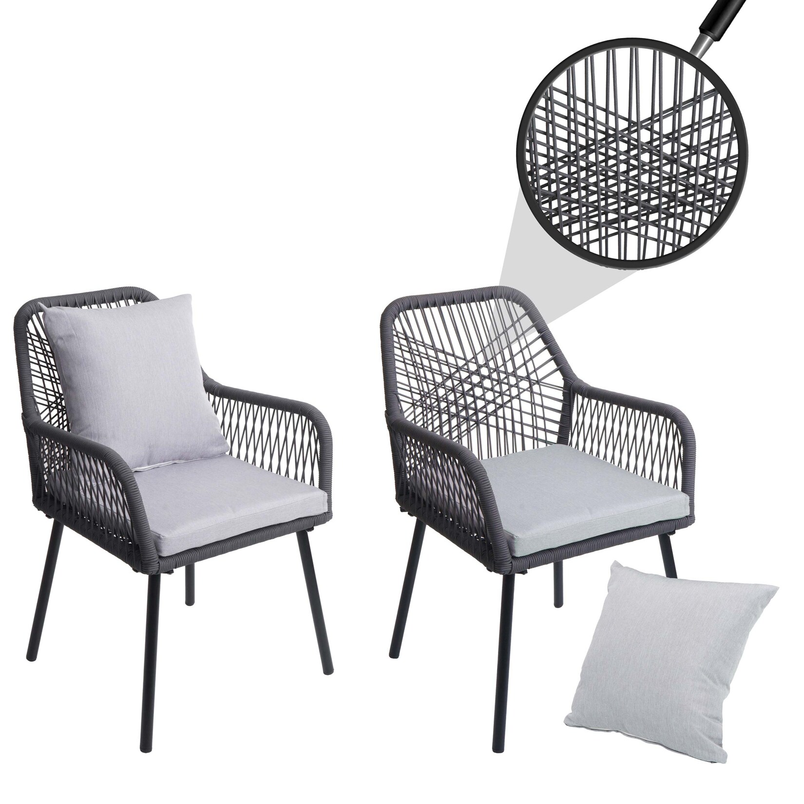 2er-Set Gartenstuhl MCW-O12, Outdoor Sitz-/Rückenpolster Aluminium Seilgeflecht Rope ~ anthrazit, Bezug grau