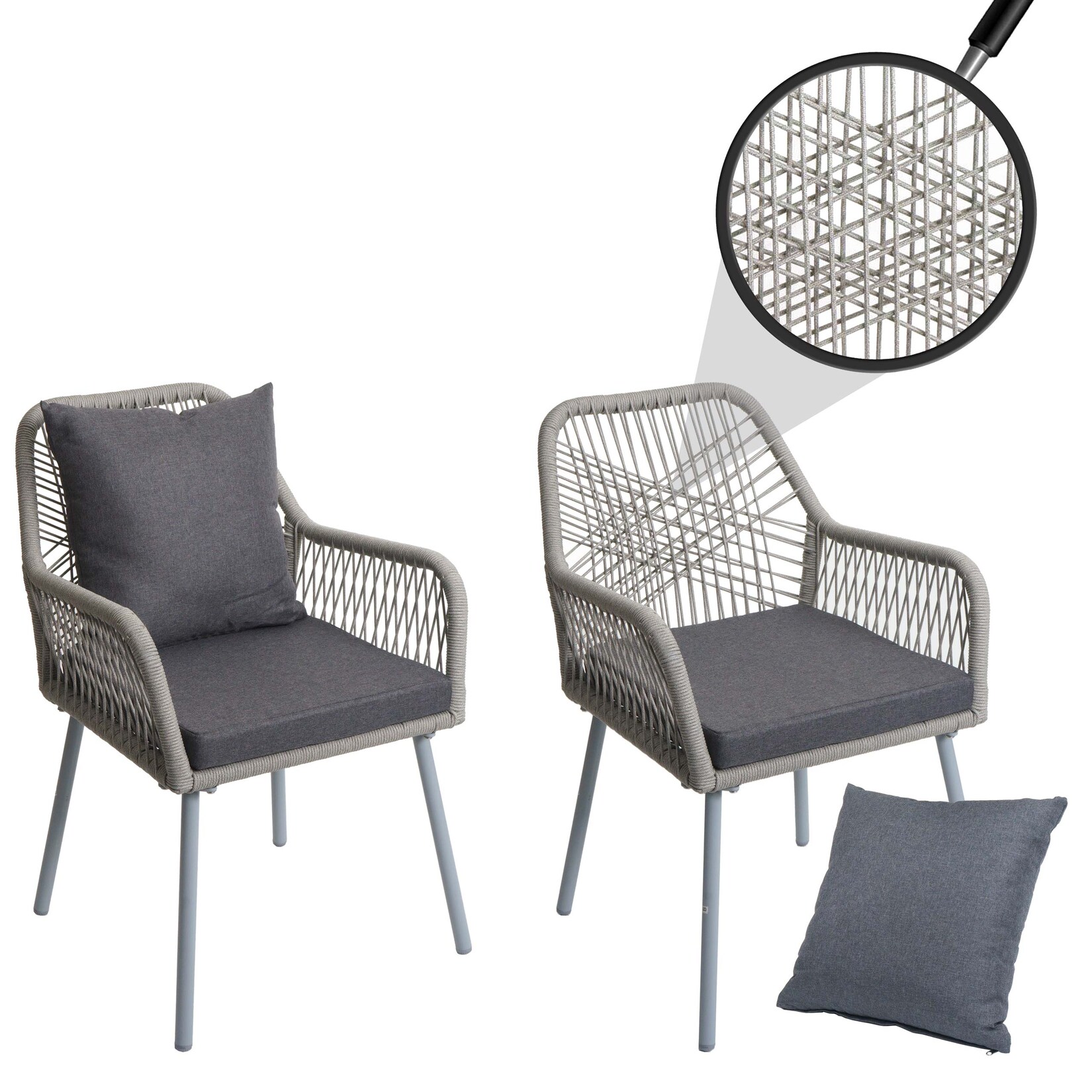 2er-Set Gartenstuhl MCW-O12, Outdoor Sitz-/Rückenpolster Aluminium Seilgeflecht Rope ~ grau, Bezug dunkelgrau
