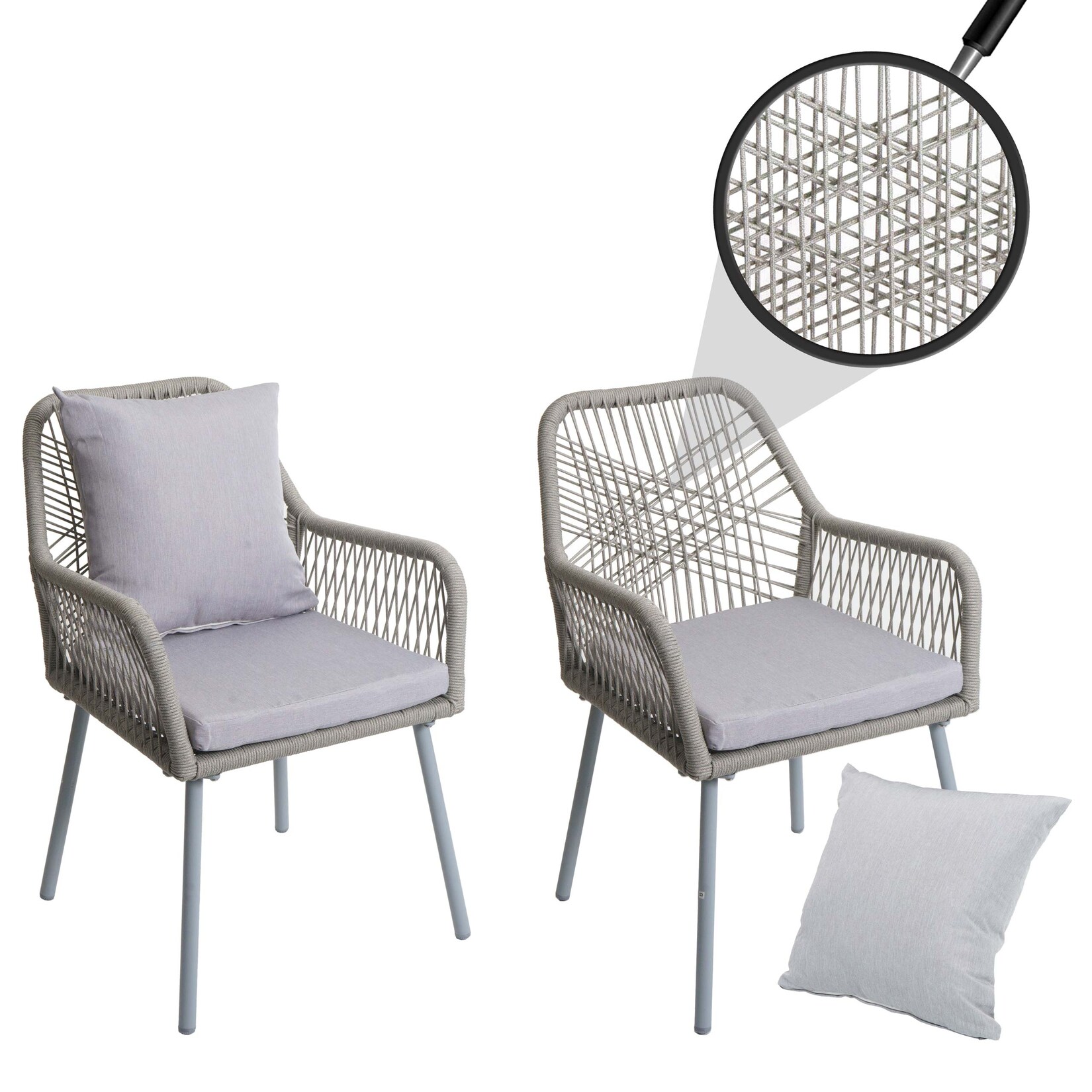 2er-Set Gartenstuhl MCW-O12, Outdoor Sitz-/Rückenpolster Aluminium Seilgeflecht Rope ~ grau, Bezug grau