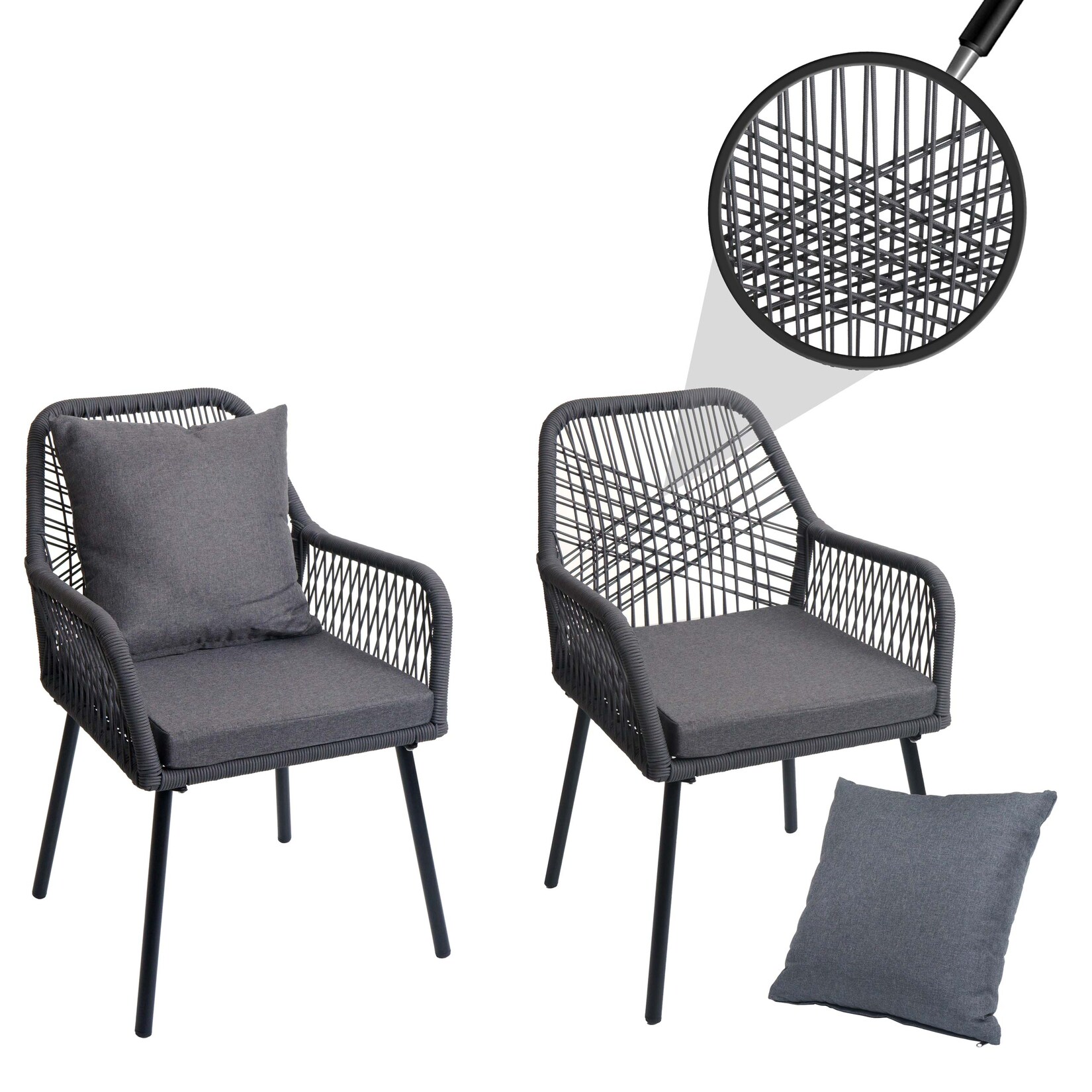 2er-Set Gartenstuhl MCW-O12, Outdoor Sitz-/Rückenpolster Aluminium Seilgeflecht Rope ~ anthrazit, Bezug dunkelgrau