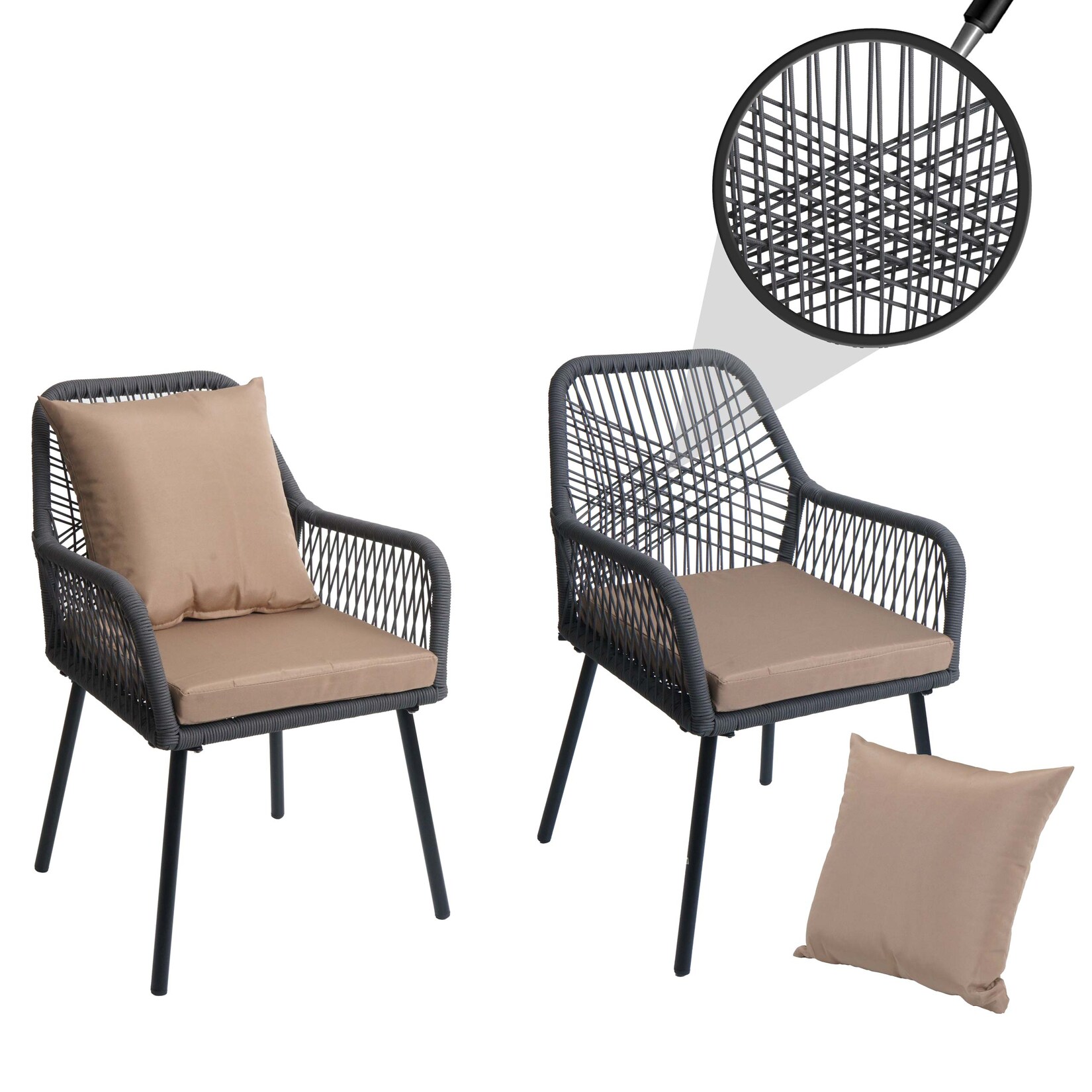 2er-Set Gartenstuhl MCW-O12, Outdoor Sitz-/Rückenpolster Aluminium Seilgeflecht Rope ~ anthrazit, Bezug taupe