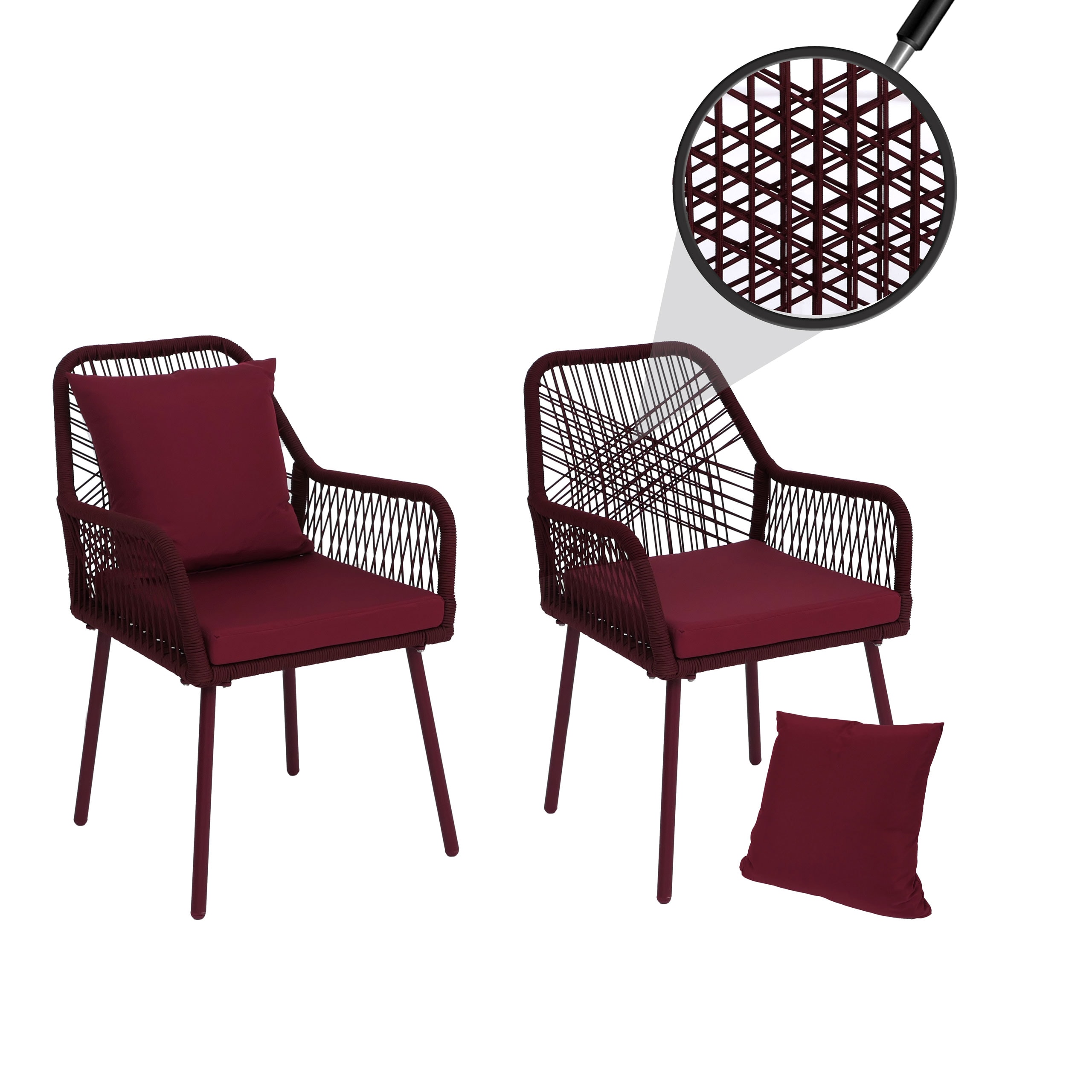 2er-Set Gartenstuhl MCW-O12, Outdoor Sitz-/R&uuml;ckenpolster Aluminium Seilgeflecht Rope ~ bordeaux, Bezug bordeaux - Bild 1