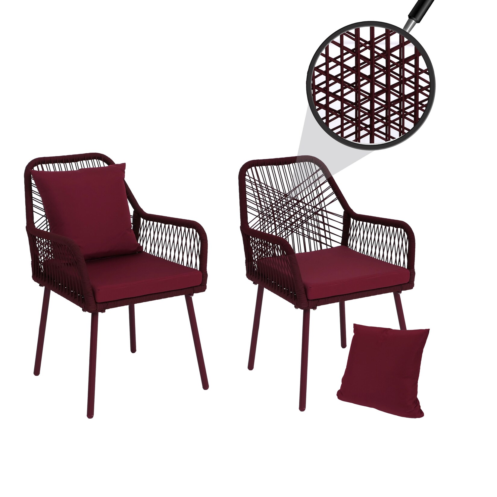 2er-Set Gartenstuhl MCW-O12, Outdoor Sitz-/Rückenpolster Aluminium Seilgeflecht Rope ~ bordeaux, Bezug bordeaux
