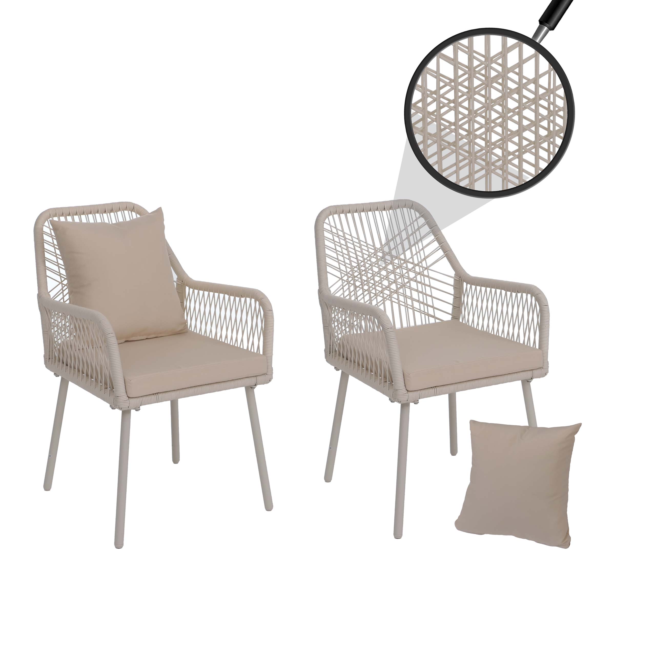 2er-Set Gartenstuhl MCW-O12, Outdoor Sitz-/R&uuml;ckenpolster Aluminium Seilgeflecht Rope ~ creme, Bezug creme - Bild 1