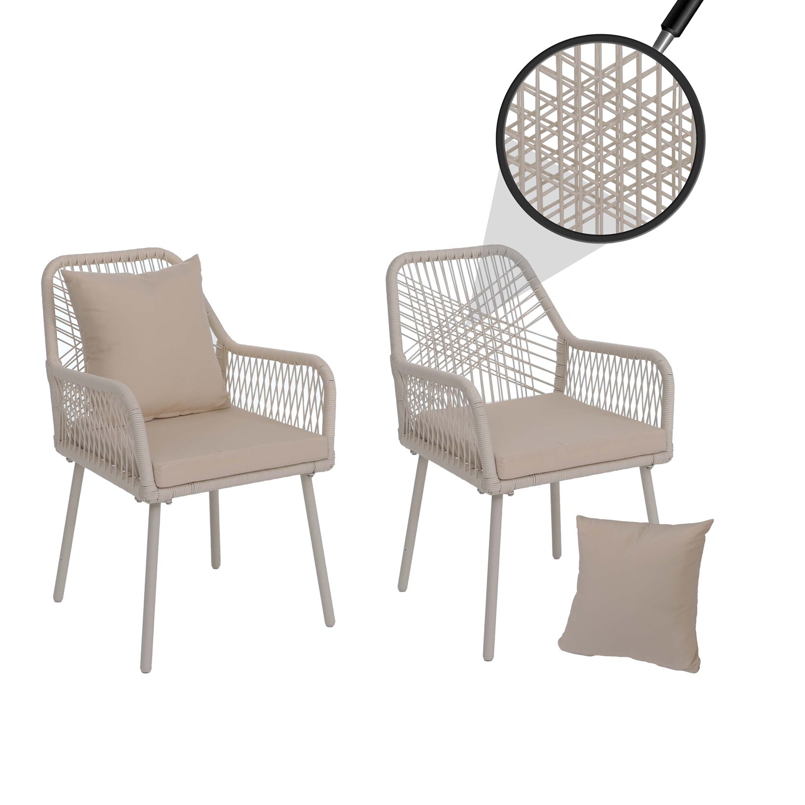 2er-Set Gartenstuhl MCW-O12, Outdoor Sitz-/Rückenpolster Aluminium Seilgeflecht Rope ~ creme, Bezug creme