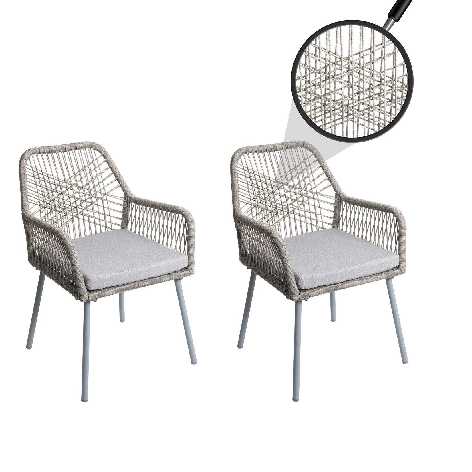 2er-Set Gartenstuhl MCW-O12, Outdoor Sitzpolster Aluminium Seilgeflecht Rope ~ grau, Bezug grau