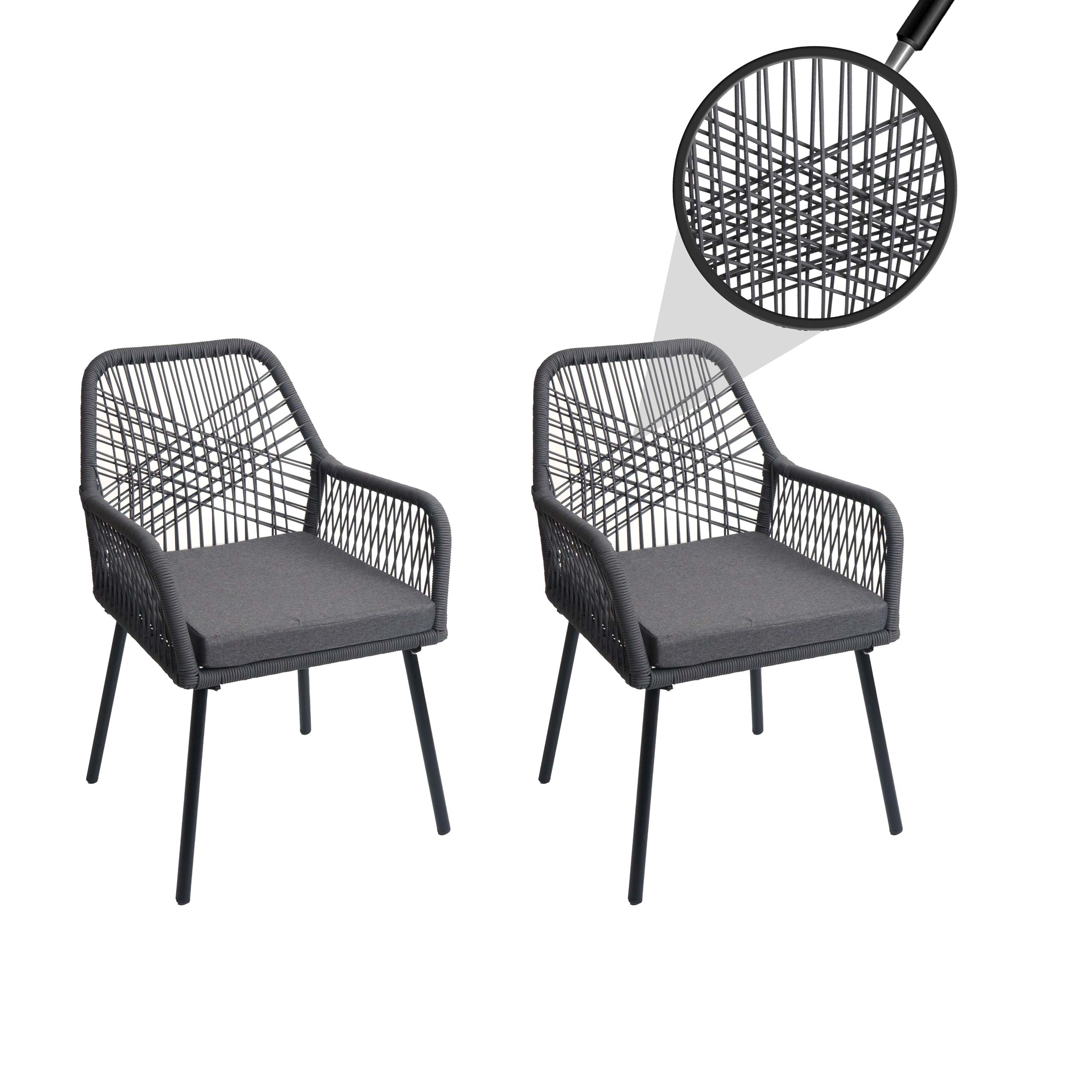 2er-Set Gartenstuhl MCW-O12, Outdoor Sitzpolster Aluminium Seilgeflecht Rope ~ anthrazit, Bezug dunkelgrau - Bild 1