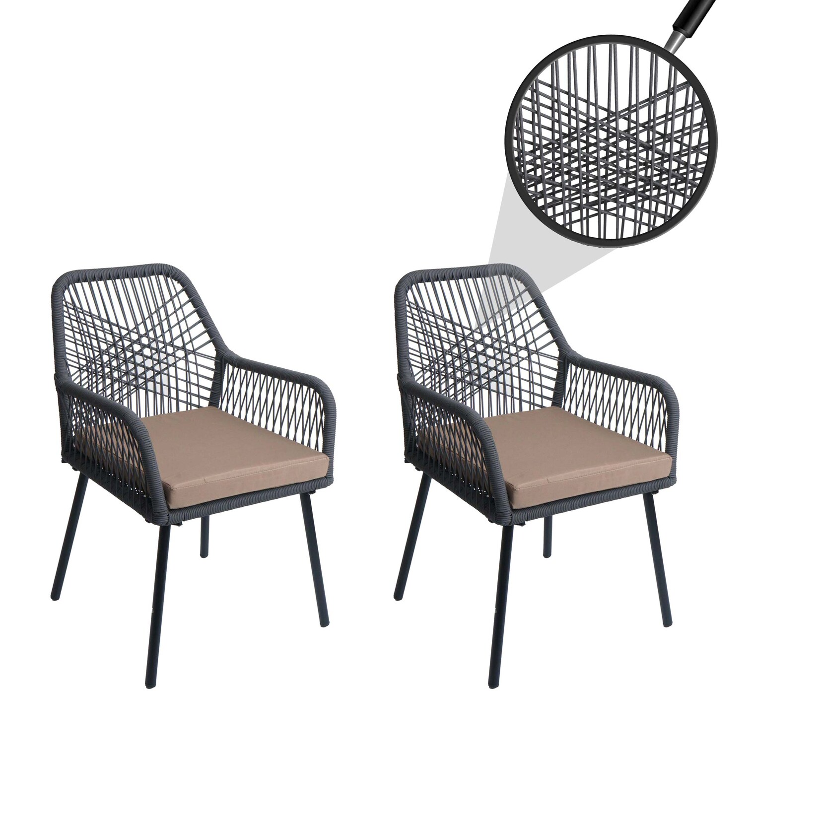 2er-Set Gartenstuhl MCW-O12, Outdoor Sitzpolster Aluminium Seilgeflecht Rope ~ anthrazit, Bezug taupe