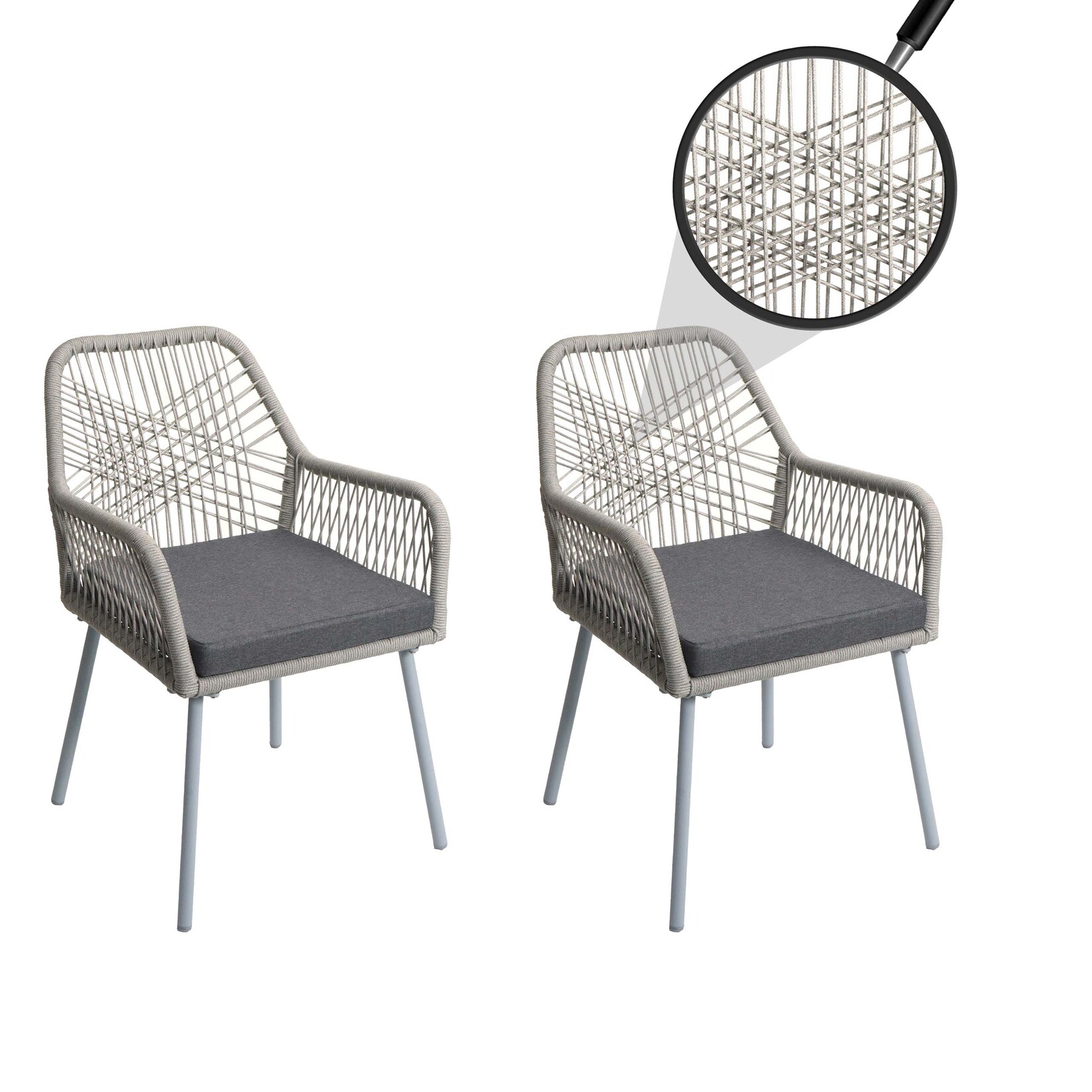 2er-Set Gartenstuhl MCW-O12, Outdoor Sitzpolster Aluminium Seilgeflecht Rope ~ grau, Bezug dunkelgrau