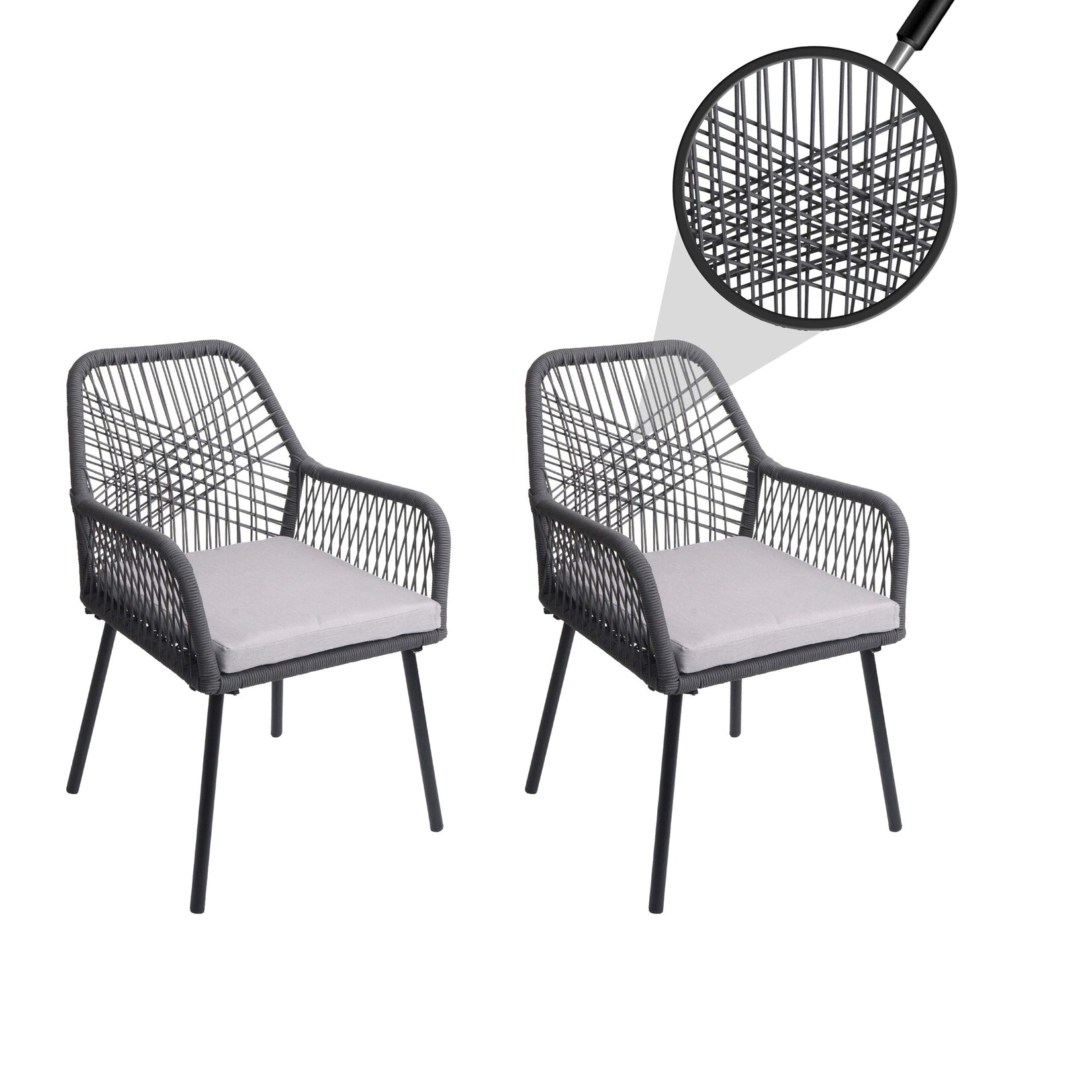 2er-Set Gartenstuhl MCW-O12, Outdoor Sitzpolster Aluminium Seilgeflecht Rope ~ anthrazit, Bezug grau