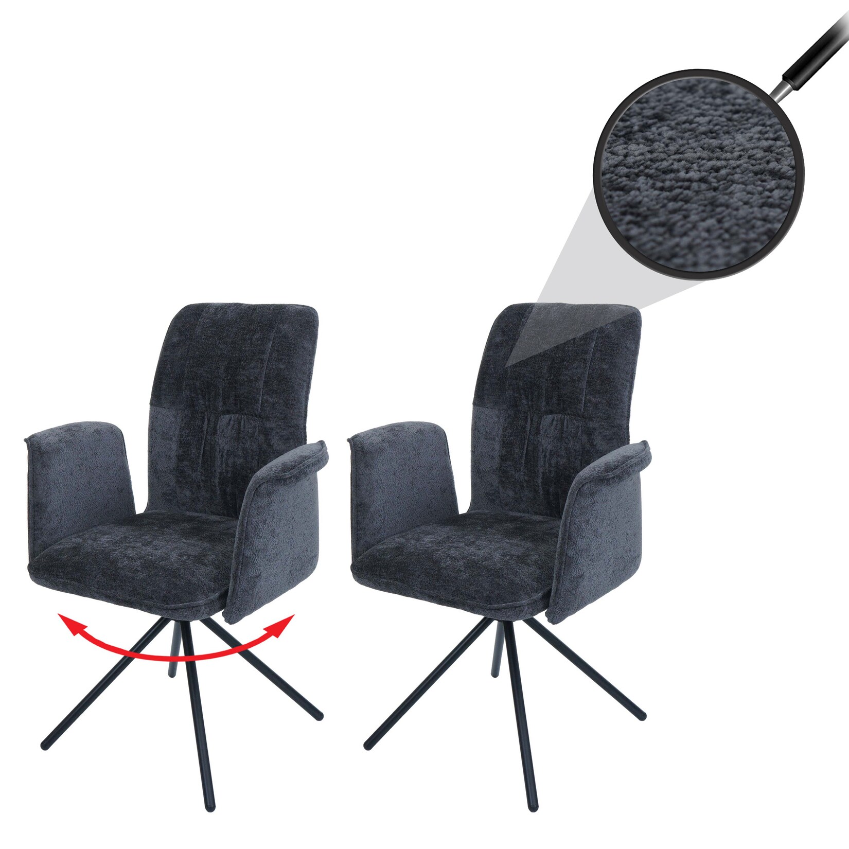 2er-Set Esszimmerstuhl MCW-N99, drehbar Armlehne Auto-Return, Stoff/Textil Chenille (340g/m²) Öko-Tex ~ dunkelgrau