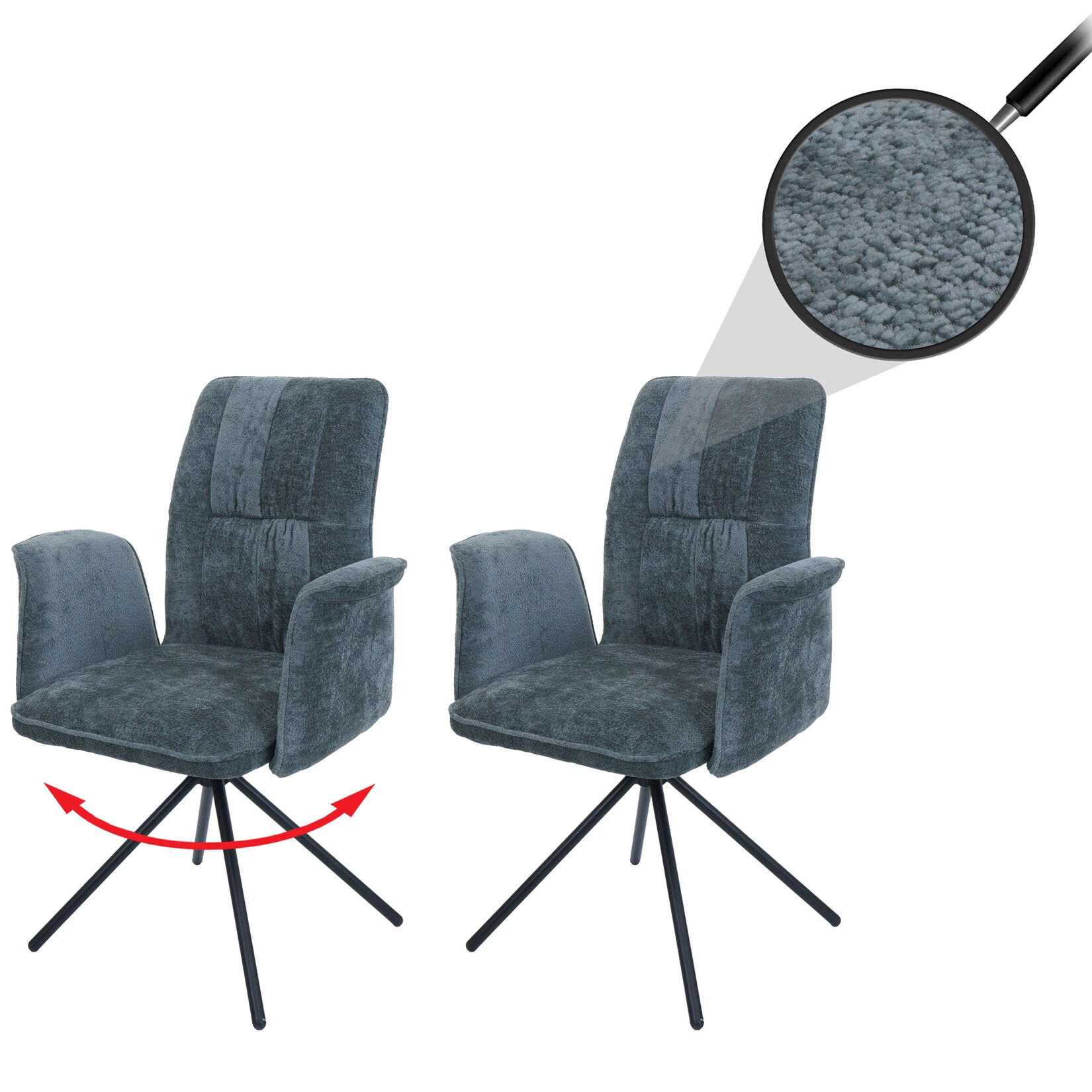 2er-Set Esszimmerstuhl MCW-N99, drehbar Armlehne Auto-Return, Stoff/Textil Chenille (340g/m²) Öko-Tex ~ blau-grün