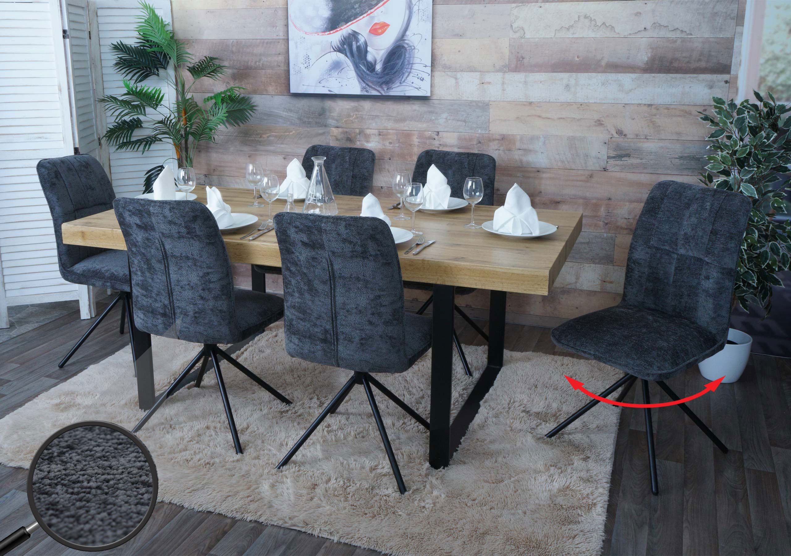 6er-Set Esszimmerstuhl MCW-N99, K&uuml;chenstuhl, drehbar Auto-Return, Stoff/Textil Chenille (340g/m&sup2;) &Ouml;ko-Tex ~ dunkelgrau - Bild 1