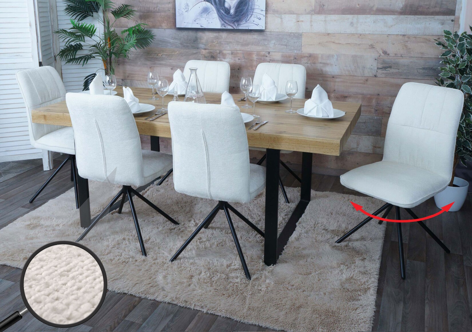 6er-Set Esszimmerstuhl MCW-N99, Küchenstuhl, drehbar Auto-Return, Stoff/Textil Chenille (340g/m²) Öko-Tex ~ creme