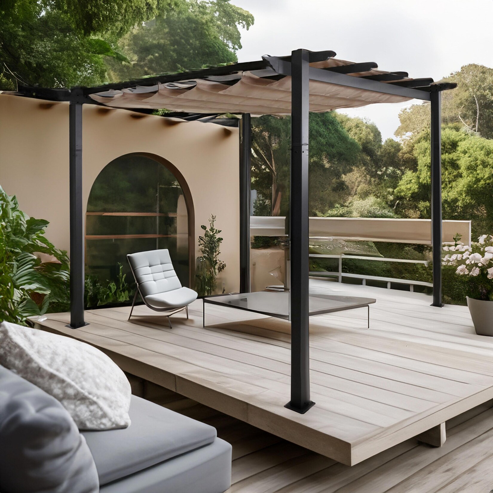 Aluminium Pergola MCW-N93, Gartenpavillon Pavillon Garten, stabiles 8cm-Gestell Schiebedach UV50+ 3x3m ~ creme-beige