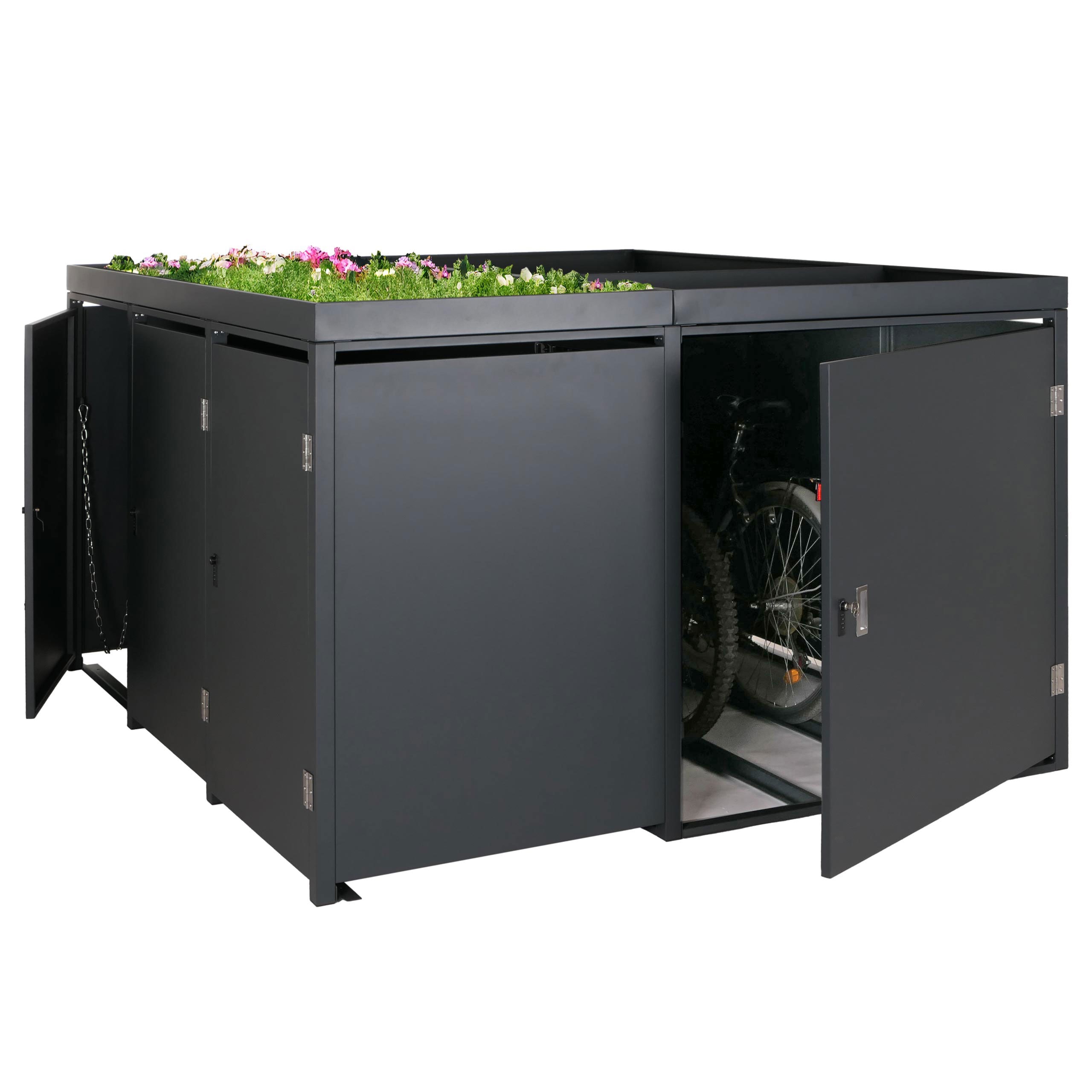 3er-M&uuml;lltonnenverkleidung / 2er-Fahrradgarage mit Pflanzkasten MCW-N79, abschlie&szlig;bar 130x193x208 cm Metall anthrazit - Bild 1