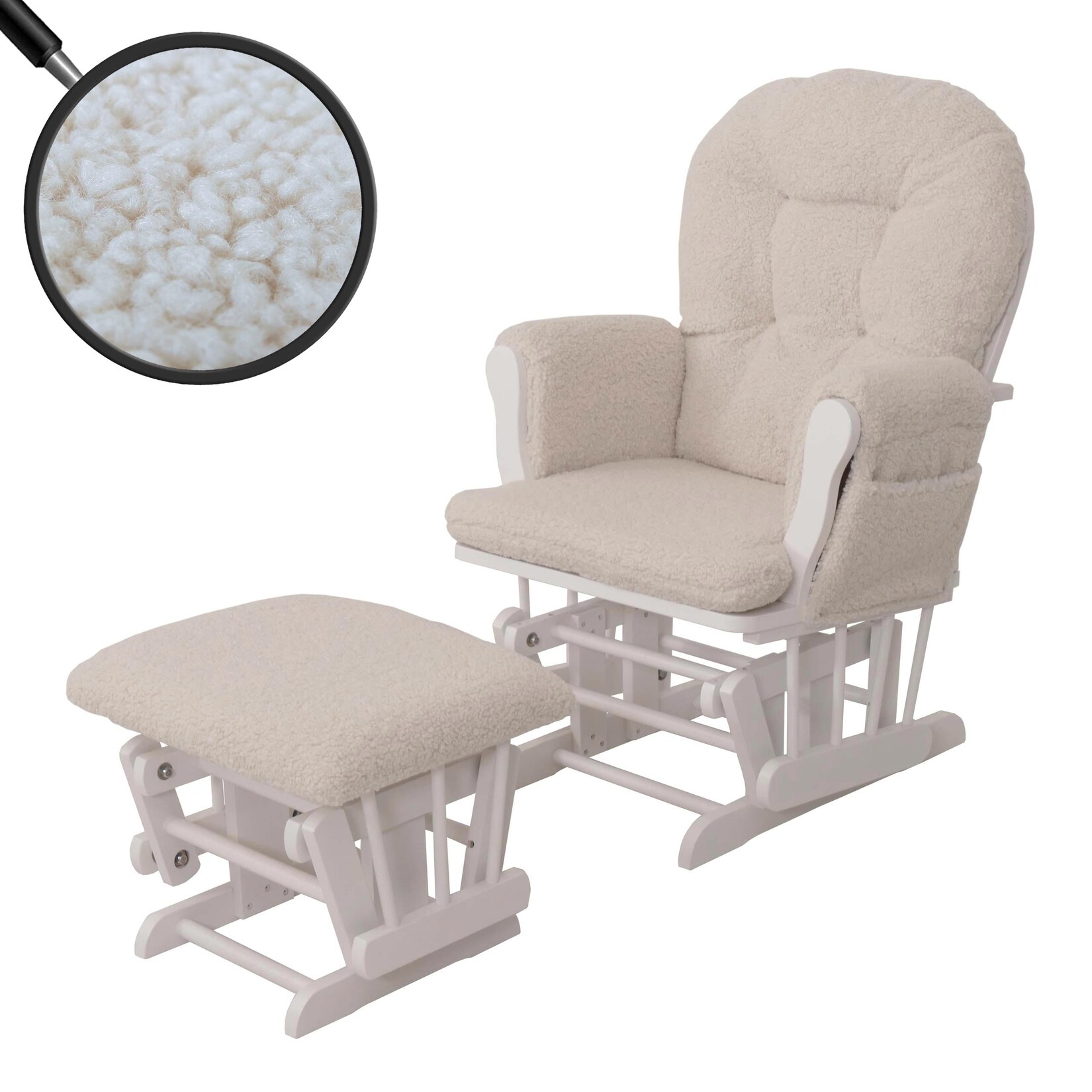 Relaxsessel MCW-C76, Schaukelstuhl Sessel Schwingstuhl + Hocker Stoff Bouclé 480g/m² Öko-Tex ~ creme Gestell weiß