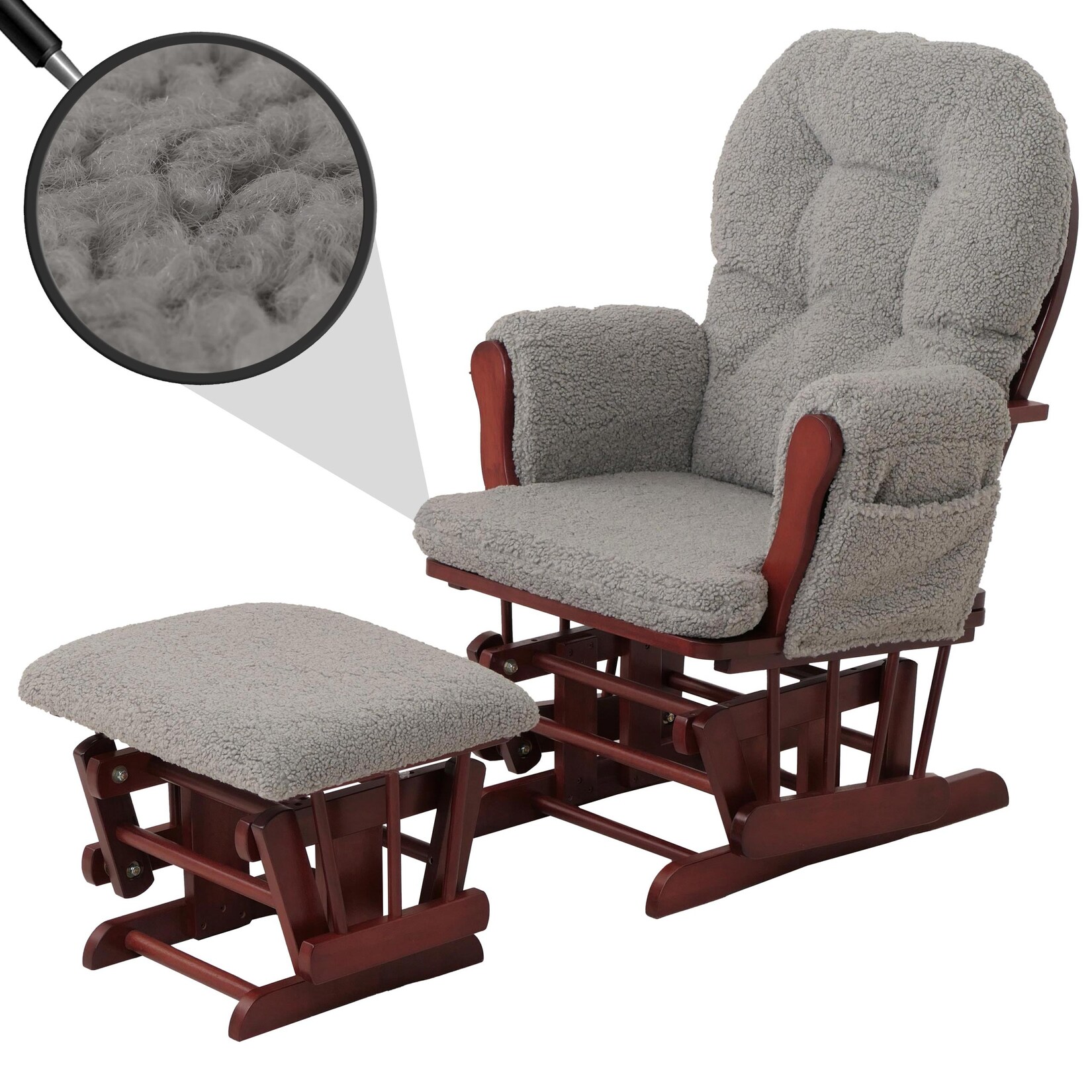 Relaxsessel MCW-C76, Schaukelstuhl Sessel Schwingstuhl + Hocker Stoff Bouclé 480g/m² Öko-Tex ~ grau Gestell dunkel