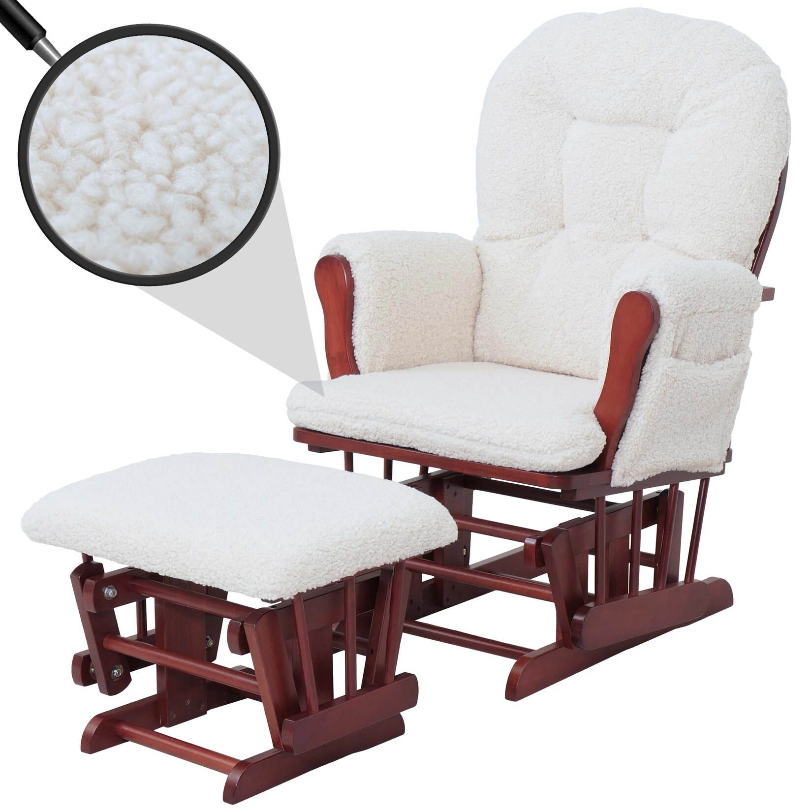 Relaxsessel MCW-C76, Schaukelstuhl Sessel Schwingstuhl + Hocker Stoff Bouclé 480g/m² Öko-Tex ~ creme Gestell dunkel