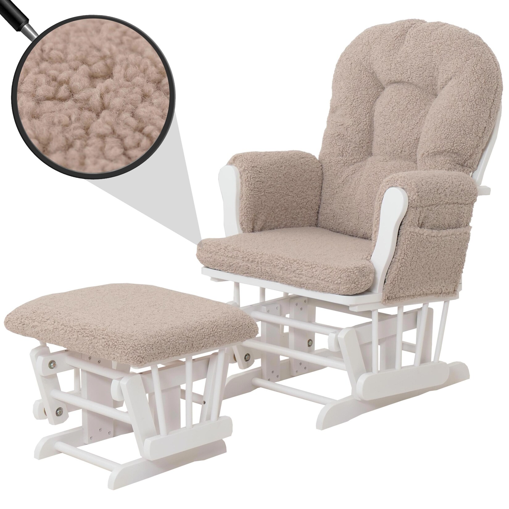 Relaxsessel MCW-C76, Schaukelstuhl Sessel Schwingstuhl + Hocker Stoff Bouclé 480g/m² Öko-Tex ~ braun Gestell weiß