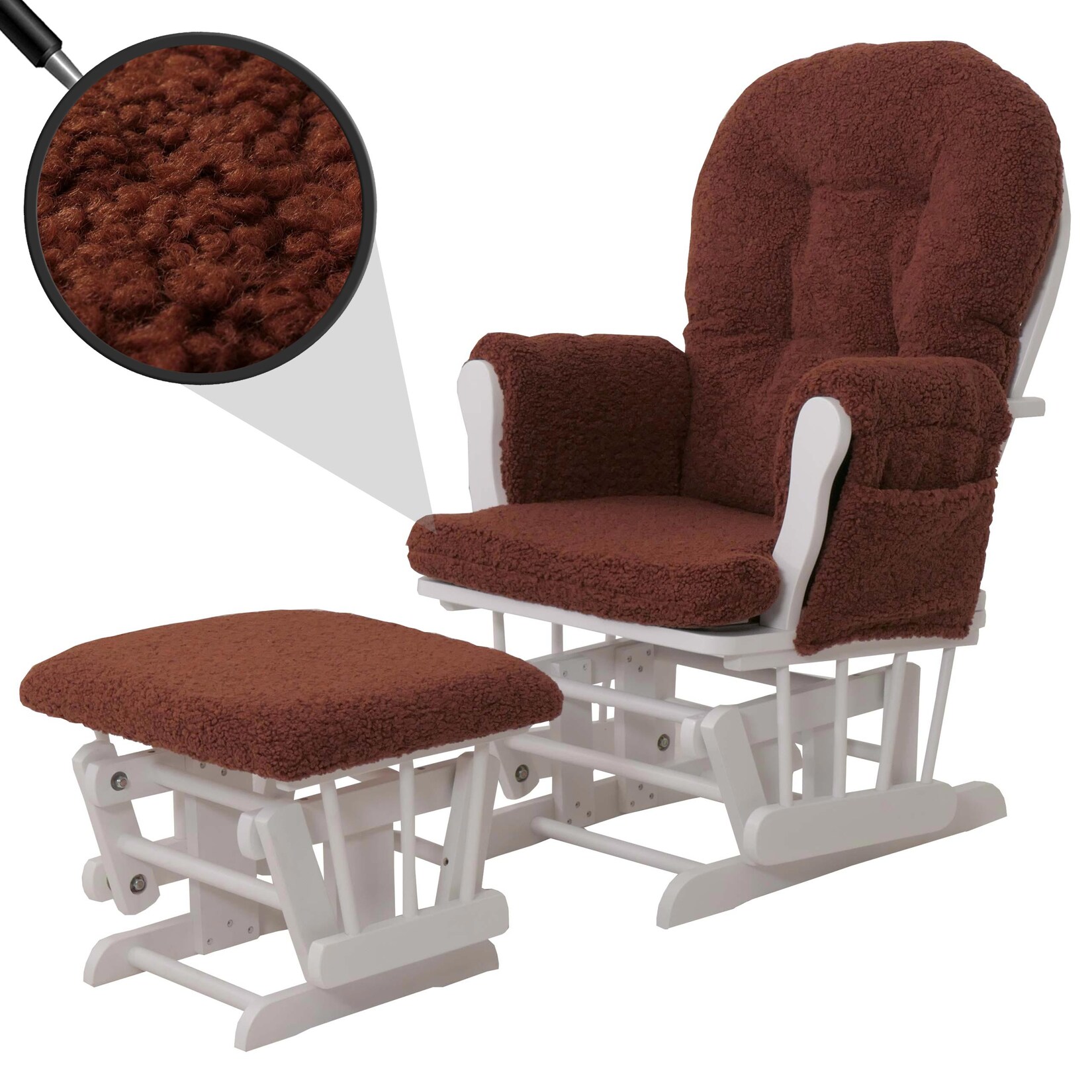 Relaxsessel MCW-C76, Schaukelstuhl Sessel Schwingstuhl + Hocker Stoff Bouclé 480g/m² Öko-Tex ~ rostbraun Gestell weiß