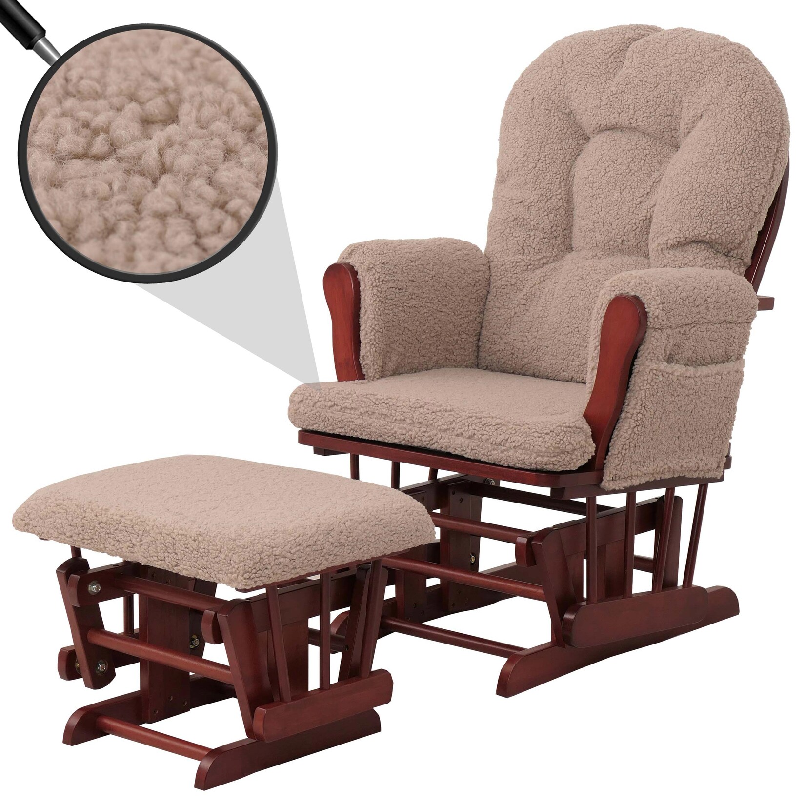 Relaxsessel MCW-C76, Schaukelstuhl Sessel Schwingstuhl + Hocker Stoff Bouclé 480g/m² Öko-Tex ~ braun Gestell dunkel