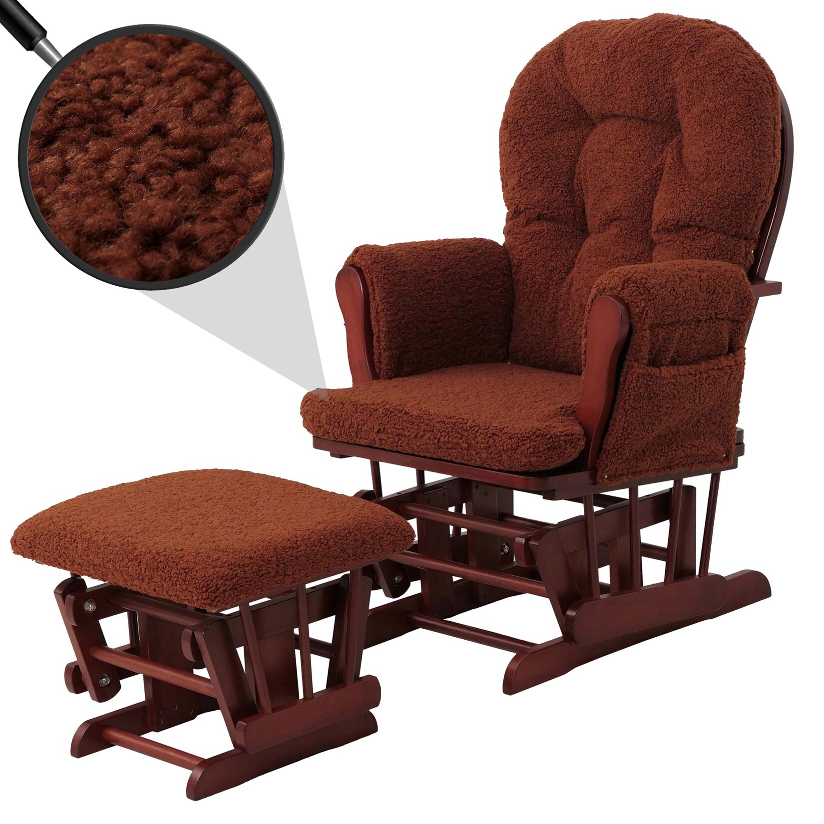 Relaxsessel MCW-C76, Schaukelstuhl Sessel Schwingstuhl + Hocker Stoff Bouclé 480g/m² Öko-Tex ~ rostbraun Gestell dunkel