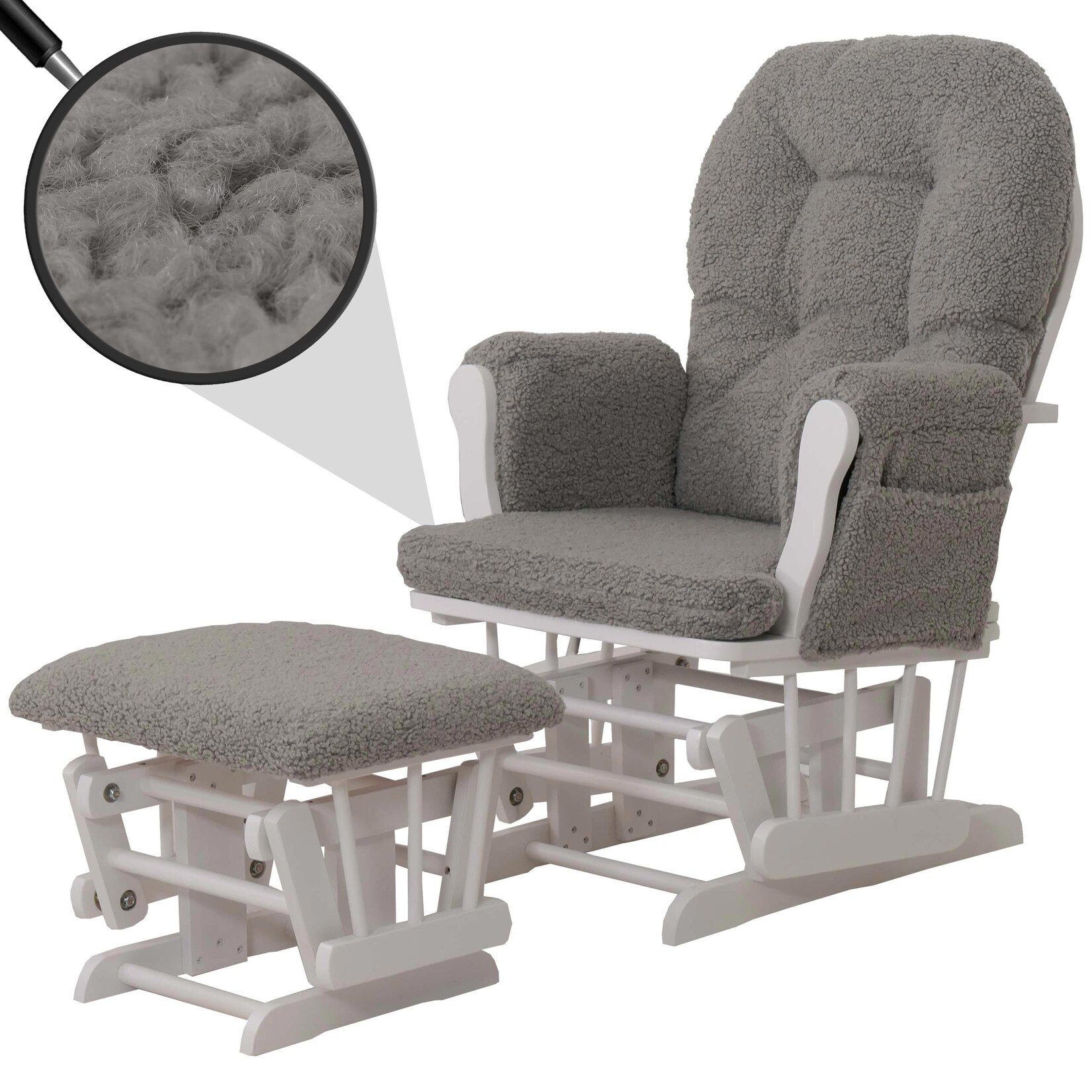 Relaxsessel MCW-C76, Schaukelstuhl Sessel Schwingstuhl + Hocker Stoff Bouclé 480g/m² Öko-Tex ~ grau Gestell weiß