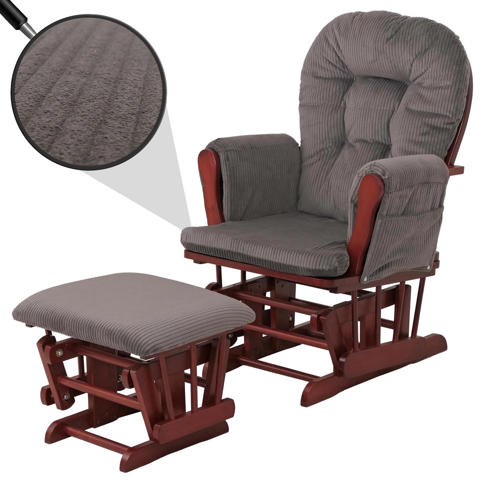 Relaxsessel MCW-C76, Schaukelstuhl Sessel Schwingstuhl mit Hocker Stoff Cord 320g/m² Öko-Tex ~ dunkelgrau Gestell dunkel