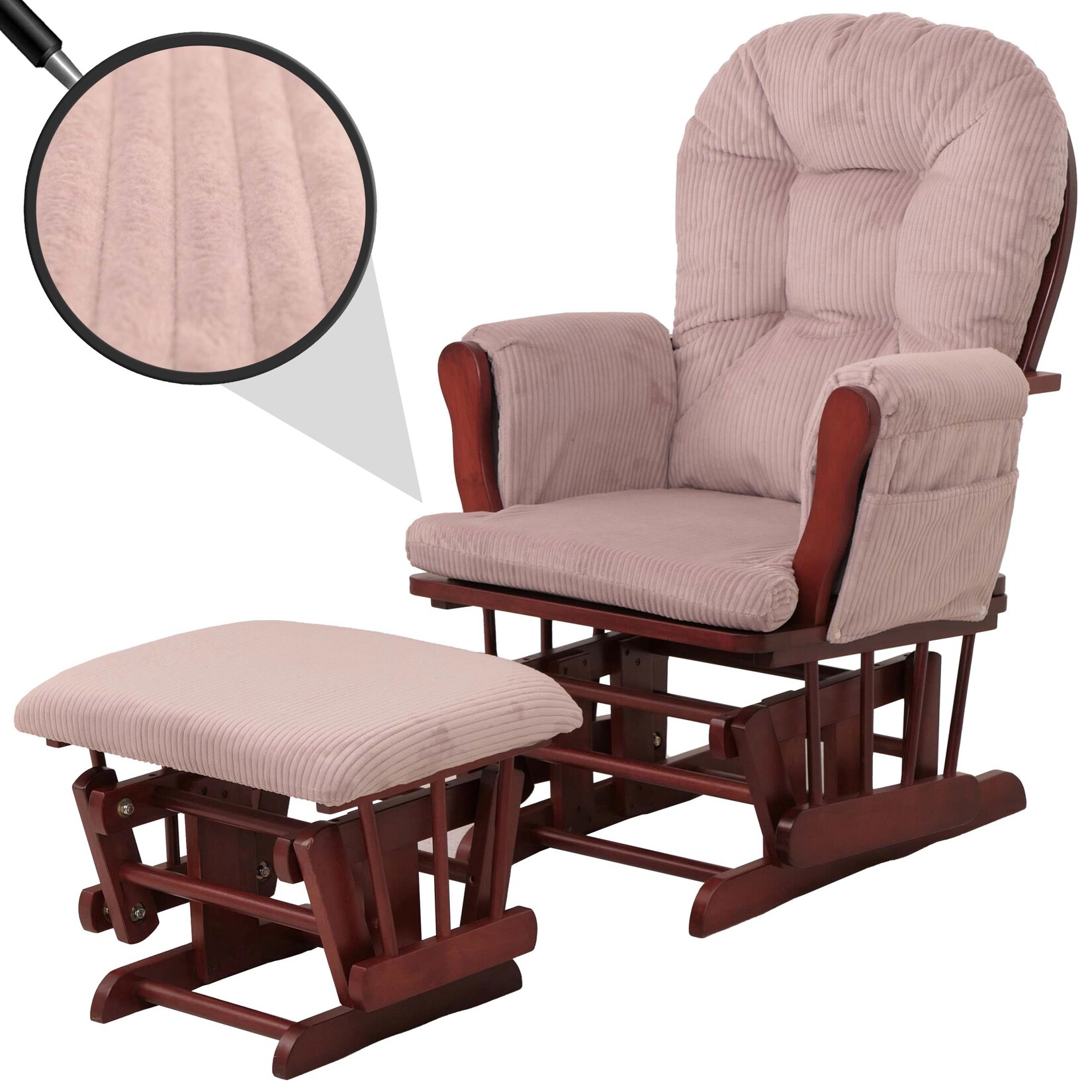 Relaxsessel MCW-C76, Schaukelstuhl Sessel Schwingstuhl mit Hocker Stoff Cord 320g/m² Öko-Tex ~ rosa Gestell dunkel