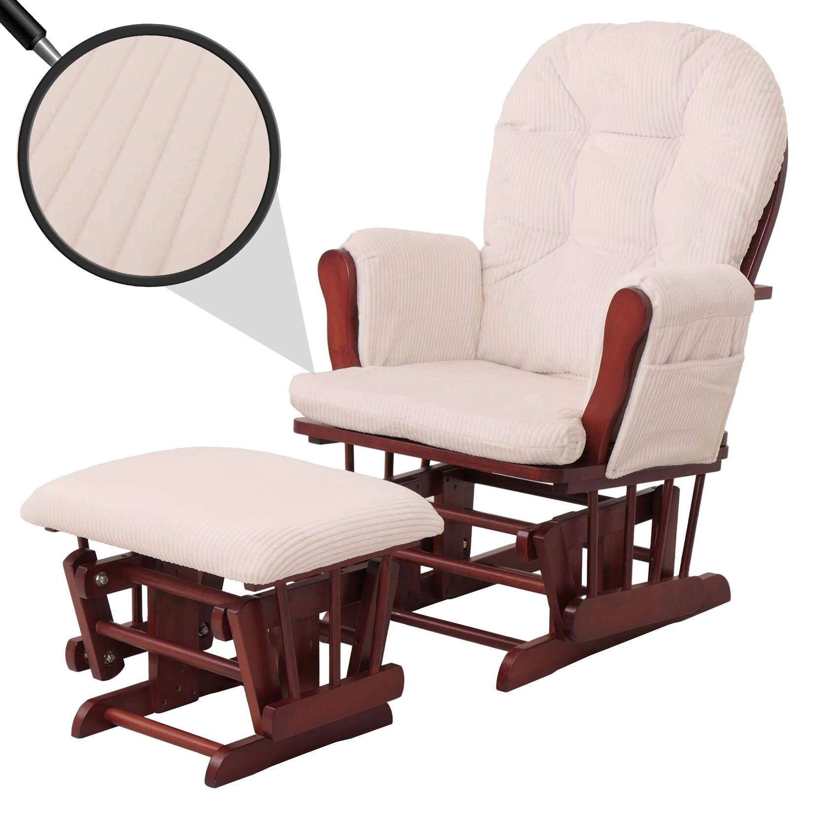 Relaxsessel MCW-C76, Schaukelstuhl Sessel Schwingstuhl mit Hocker Stoff Cord 320g/m² Öko-Tex ~ creme Gestell dunkel