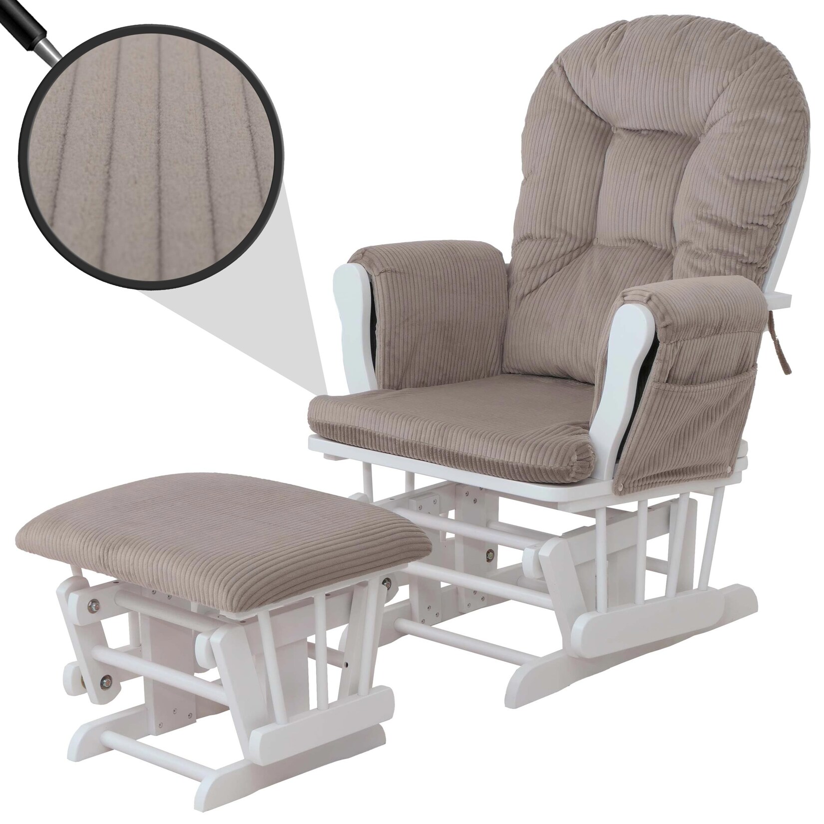 Relaxsessel MCW-C76, Schaukelstuhl Sessel Schwingstuhl mit Hocker Stoff Cord 320g/m² Öko-Tex ~ hellgrau Gestell weiß