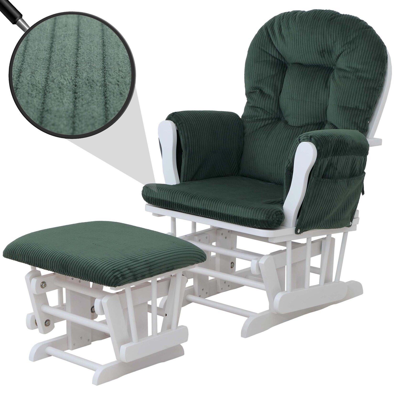 Relaxsessel MCW-C76, Schaukelstuhl Sessel Schwingstuhl mit Hocker Stoff Cord 320g/m² Öko-Tex ~ grün Gestell weiß