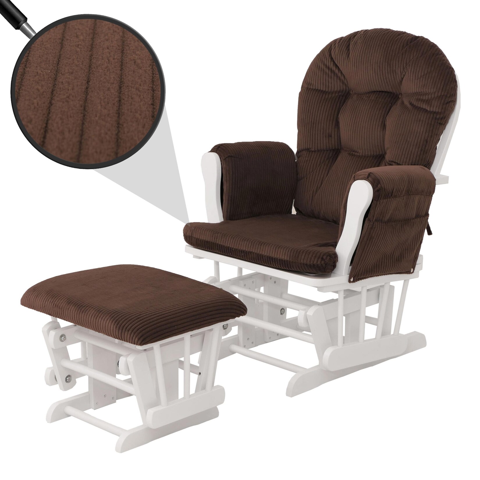 Relaxsessel MCW-C76, Schaukelstuhl Sessel Schwingstuhl mit Hocker Stoff Cord 320g/m² Öko-Tex ~ braun Gestell weiß