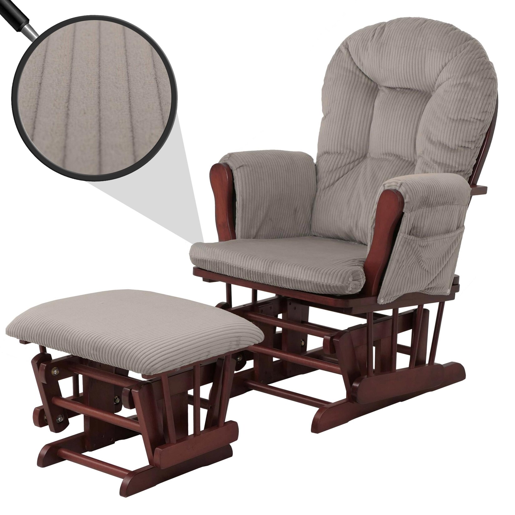Relaxsessel MCW-C76, Schaukelstuhl Sessel Schwingstuhl mit Hocker Stoff Cord 320g/m² Öko-Tex ~ hellgrau Gestell dunkel