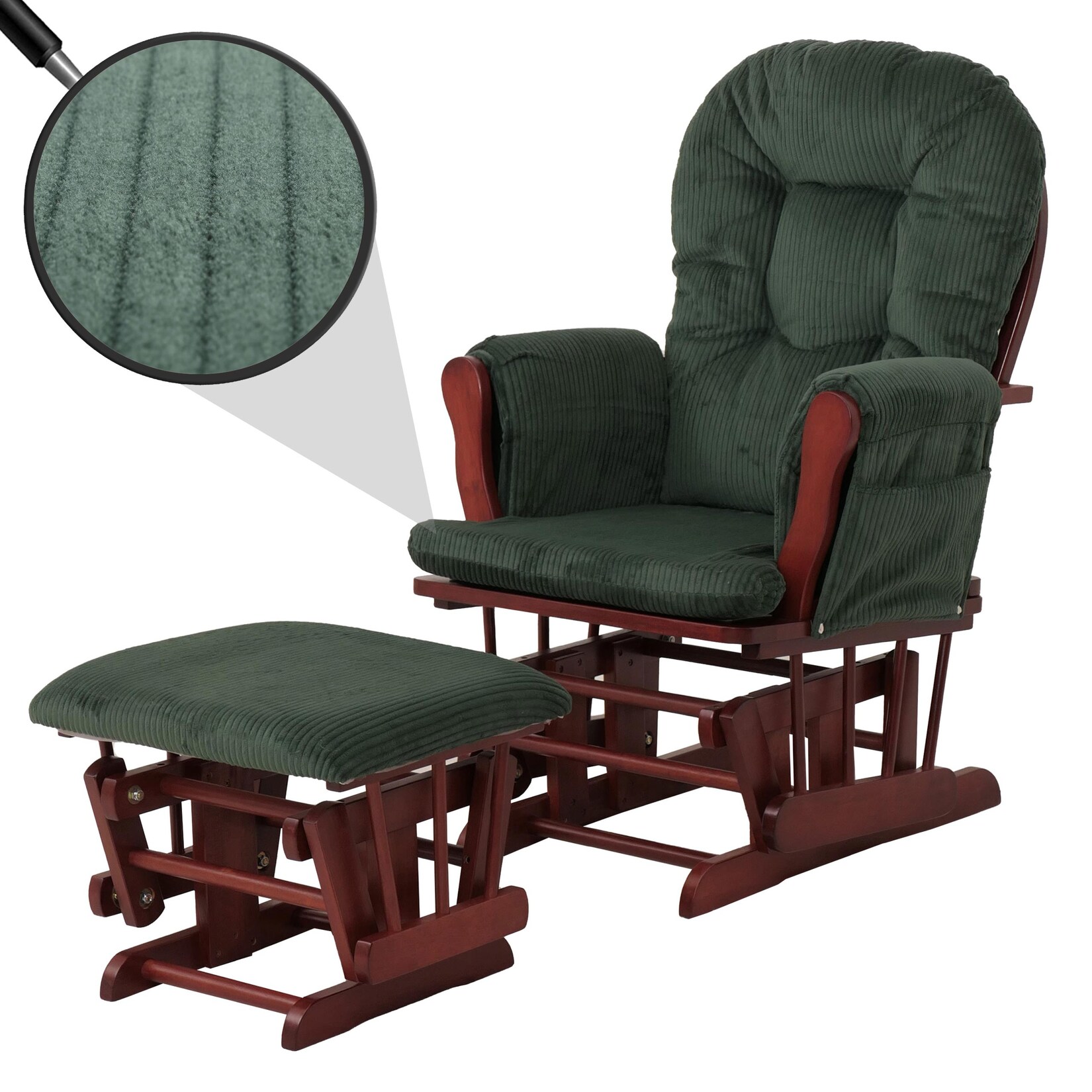 Relaxsessel MCW-C76, Schaukelstuhl Sessel Schwingstuhl mit Hocker Stoff Cord 320g/m² Öko-Tex ~ grün Gestell dunkel